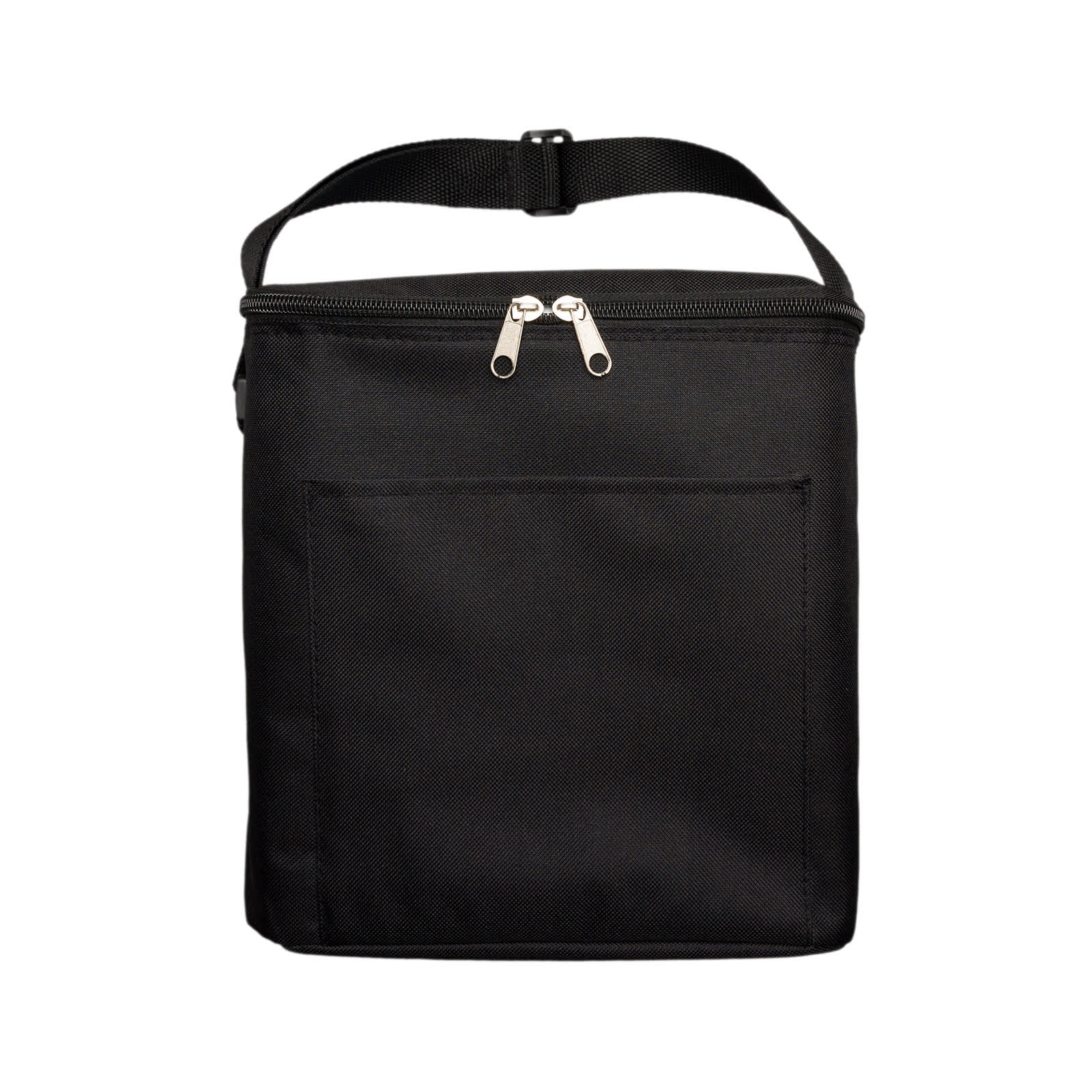 A black cooler bag with a zippered top and a front pocket. The bag features a sturdy handle for easy carrying.