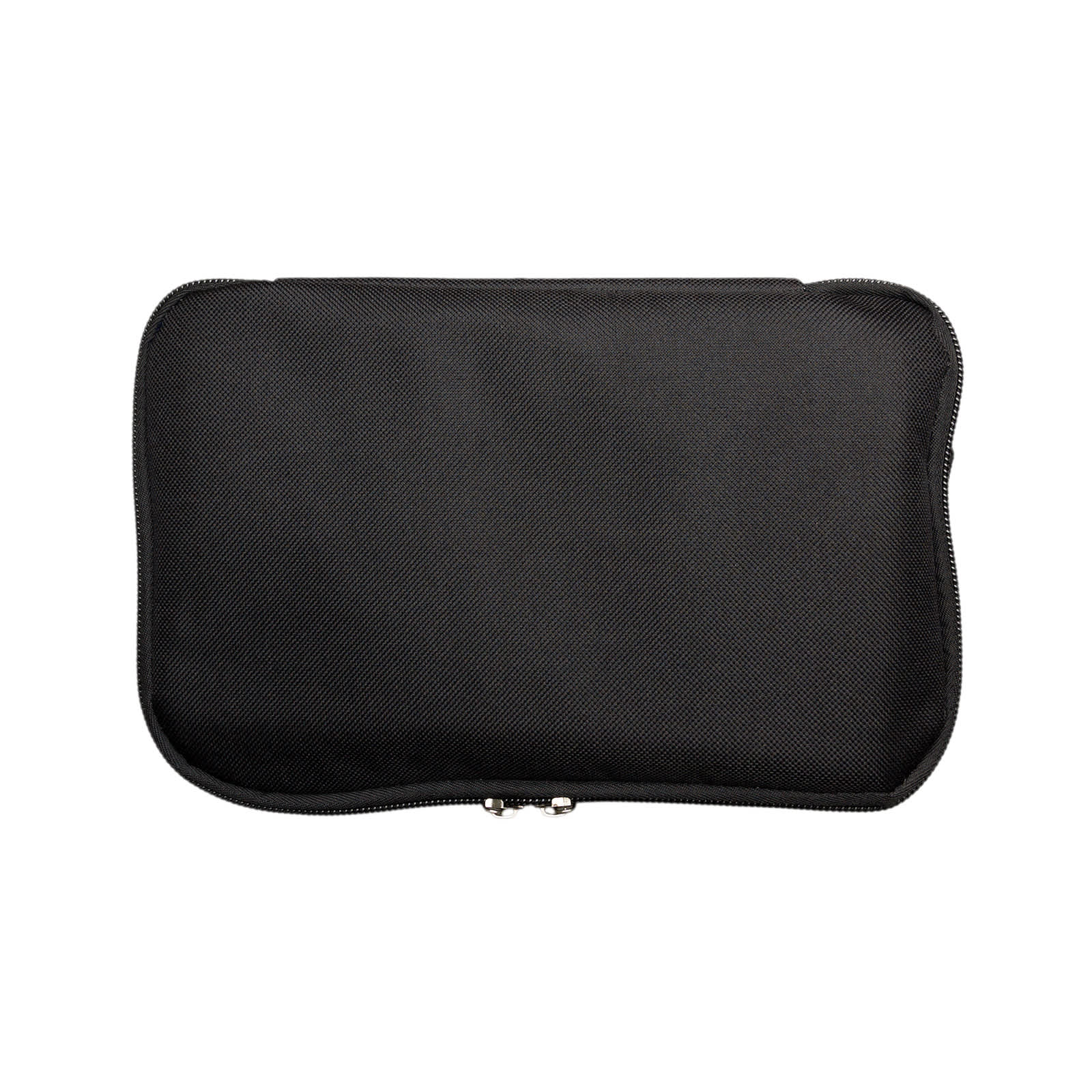 A black cooler bag with a zippered closure, featuring a sleek, textured surface.