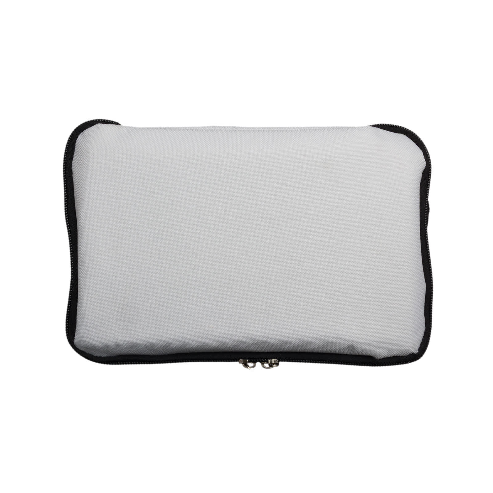 A gray cooler bag with a black zipper and trim, featuring a logo on the front.