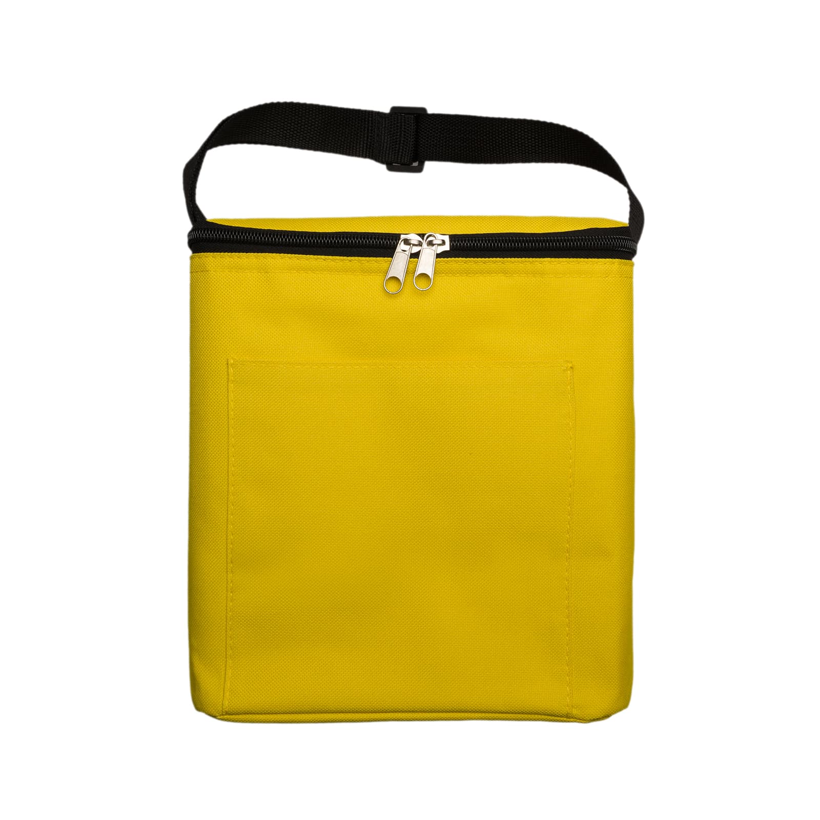 A yellow cooler bag with a zippered top and a black strap, featuring an exterior pocket on the front.