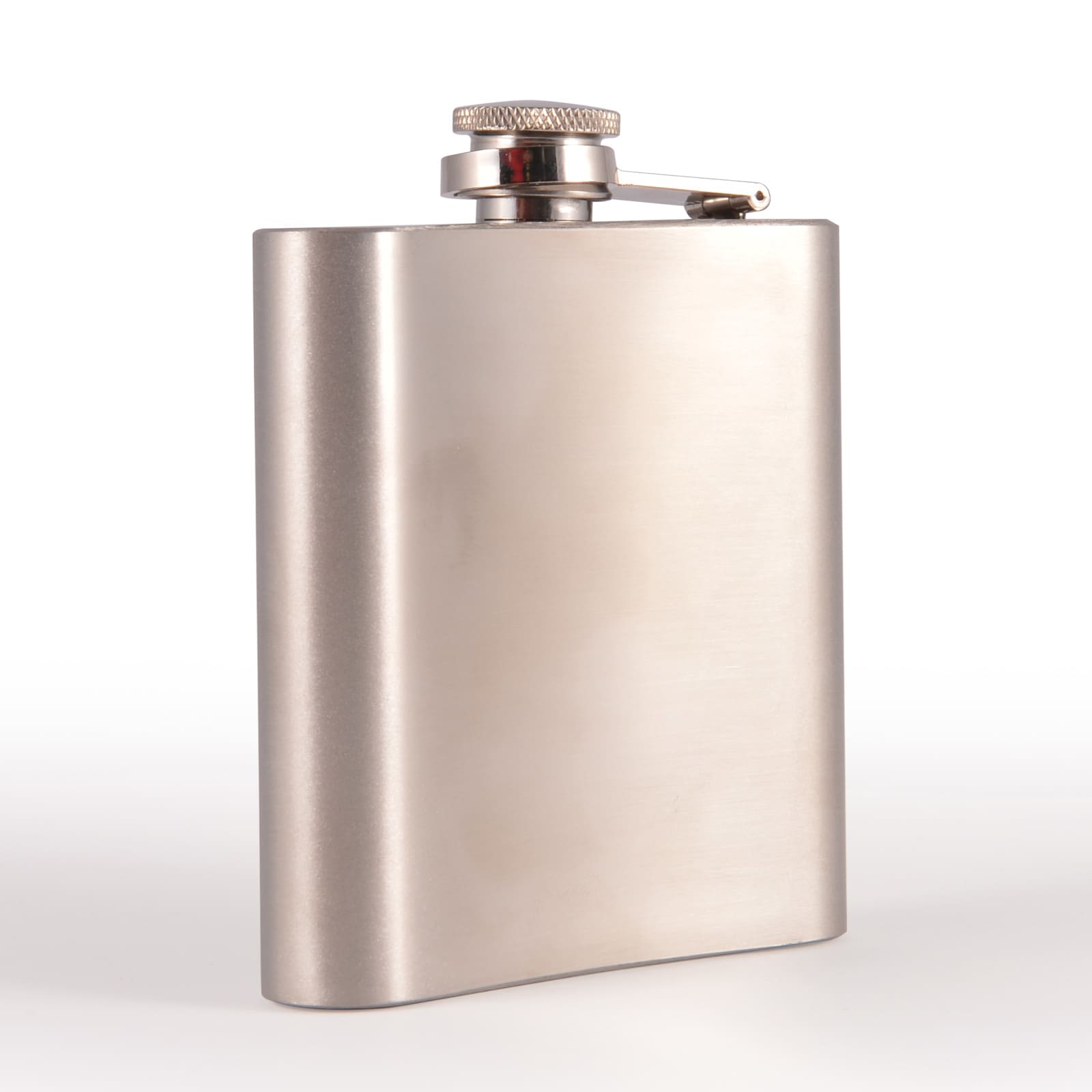 A stainless steel hip flask with a sleek, brushed finish and a screw-top lid.