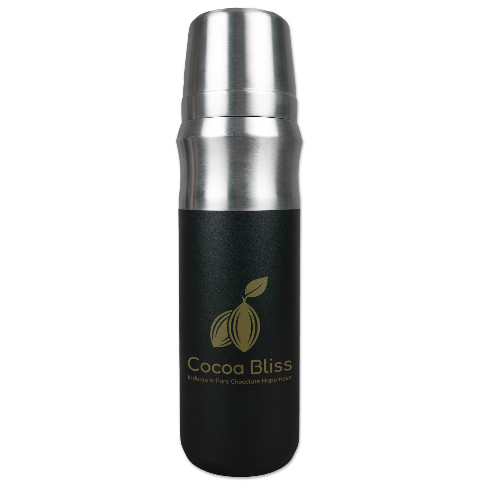 A drink bottle with a black body and stainless steel cap, featuring a logo on the front.