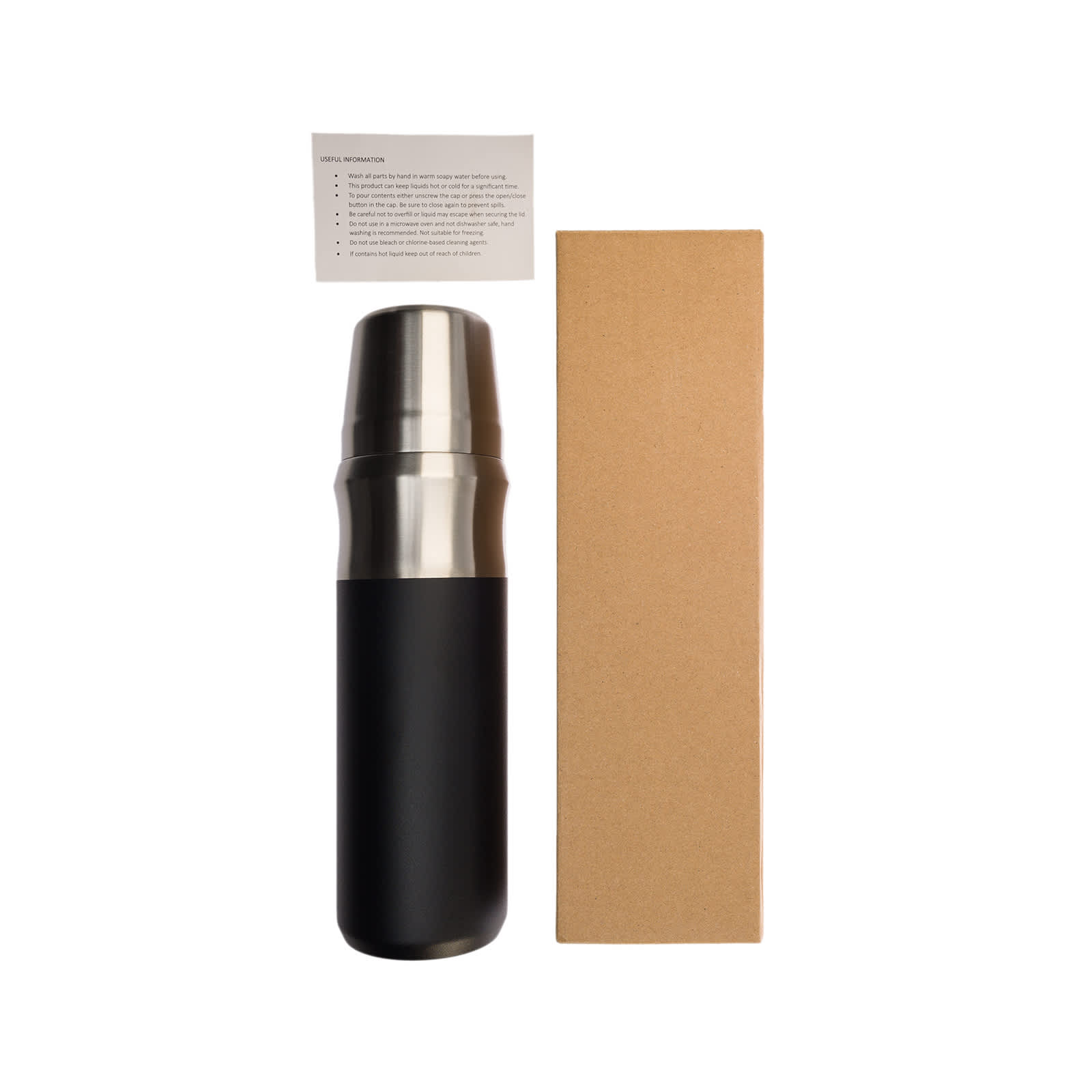 A drink bottle in black with a stainless steel lid, accompanied by a plain kraft box and an information card.