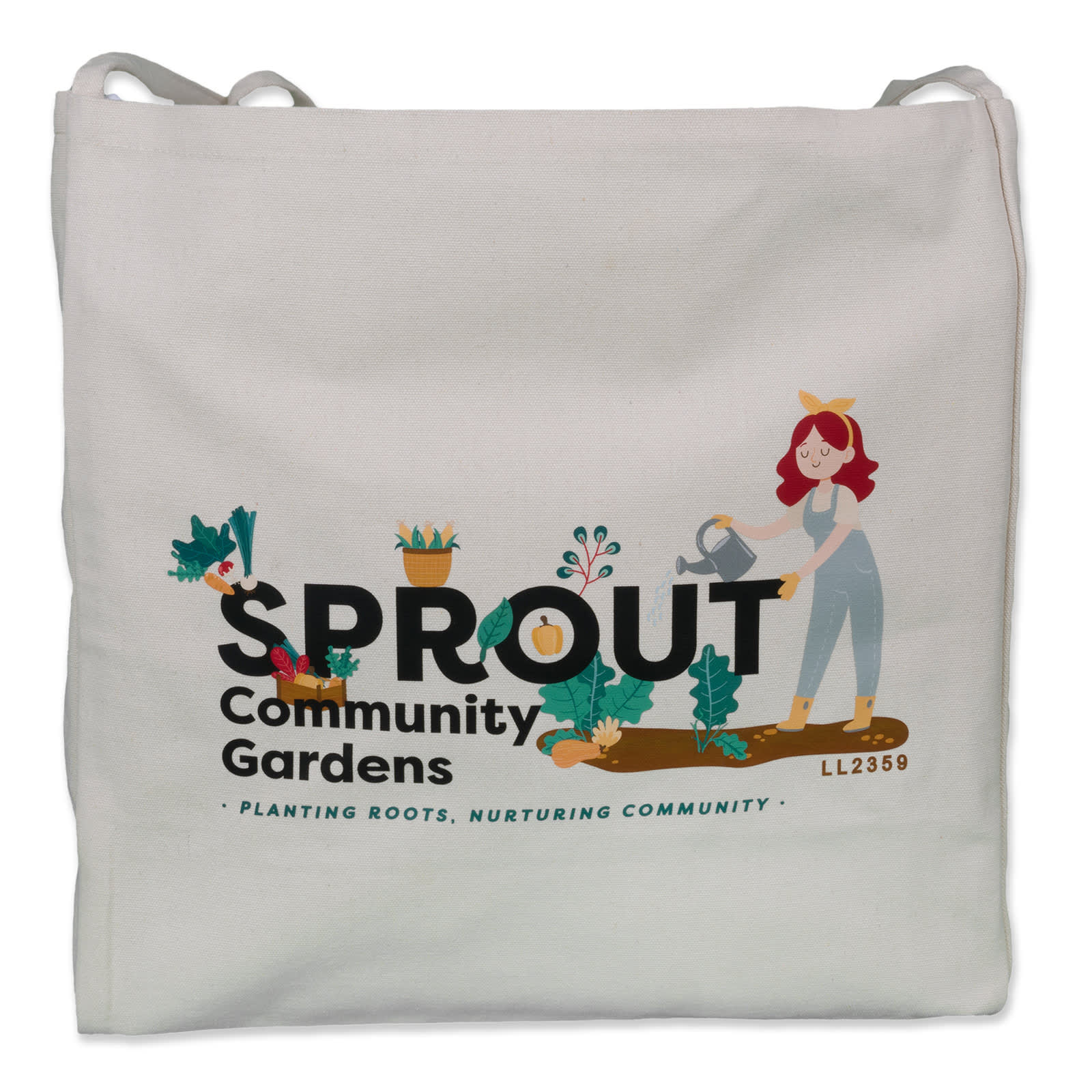 A light-colored tote bag featuring a design with a logo, illustrations of plants, and a character holding gardening tools.