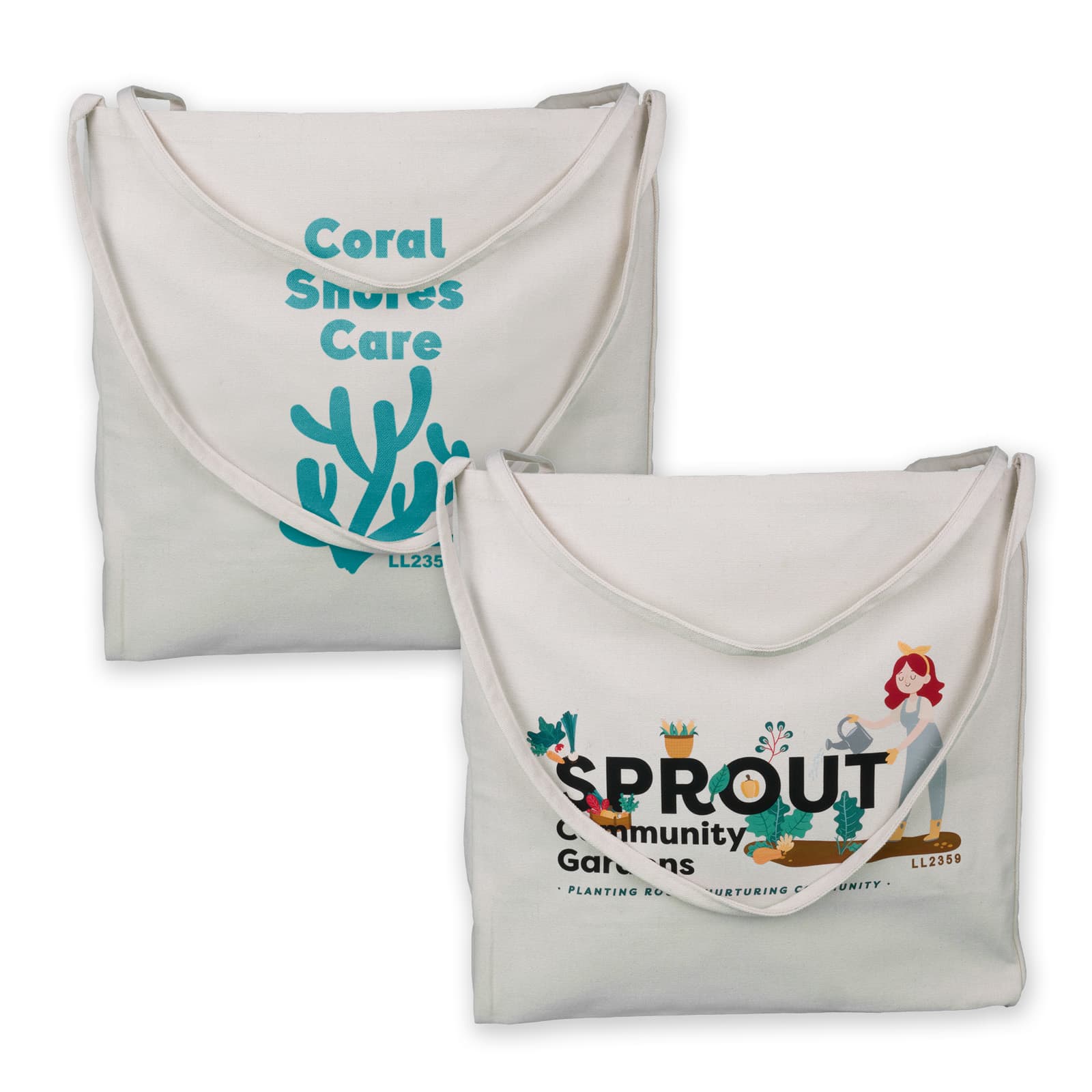 A cream-colored tote bag with two handles, featuring a logo and illustrations, set on a grassy background.