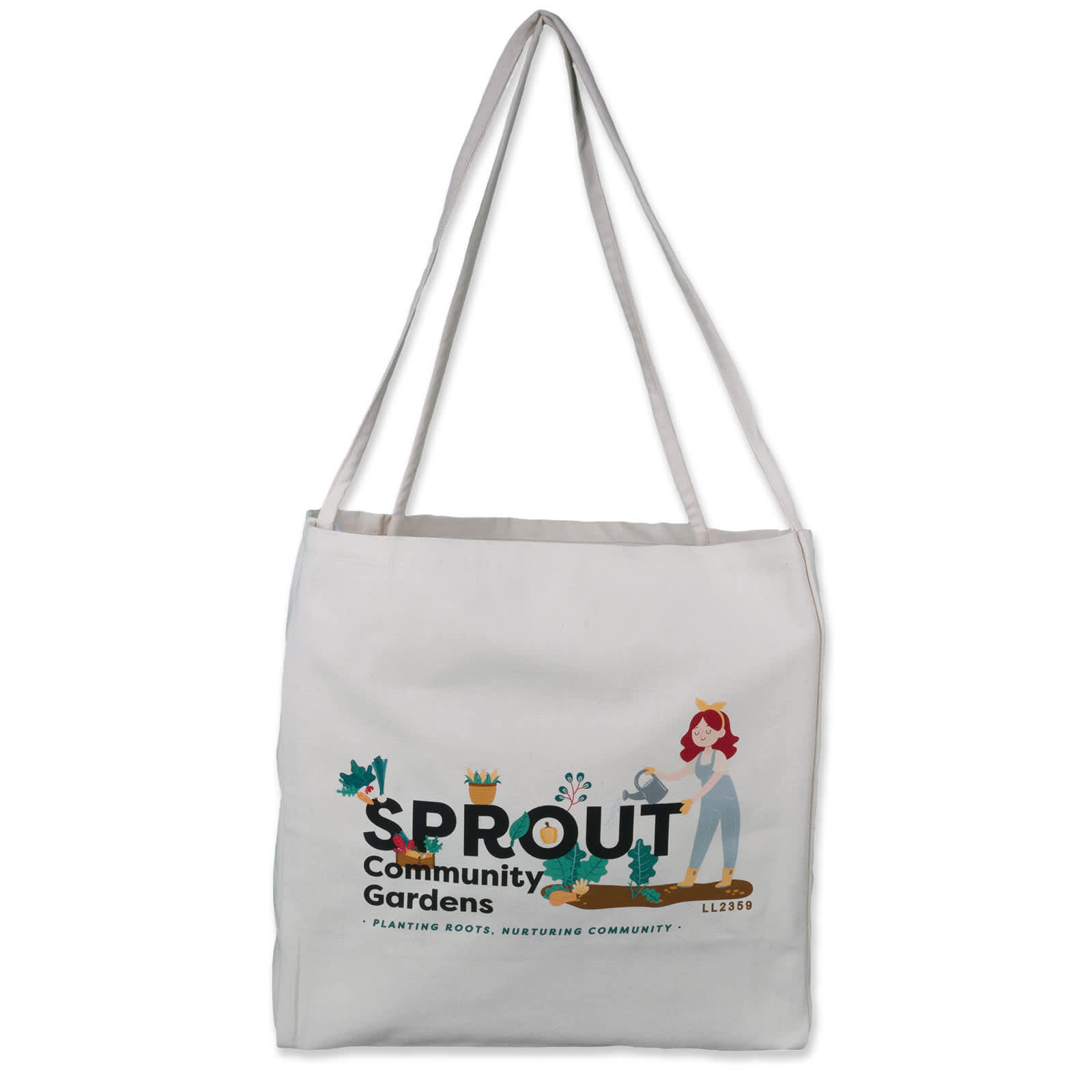 A white tote bag with the text 