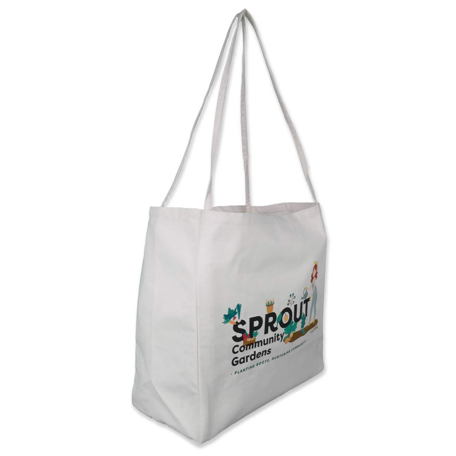 A Lively Tote Bag, designed with a simple and spacious white canvas exterior and long straps for easy carrying.