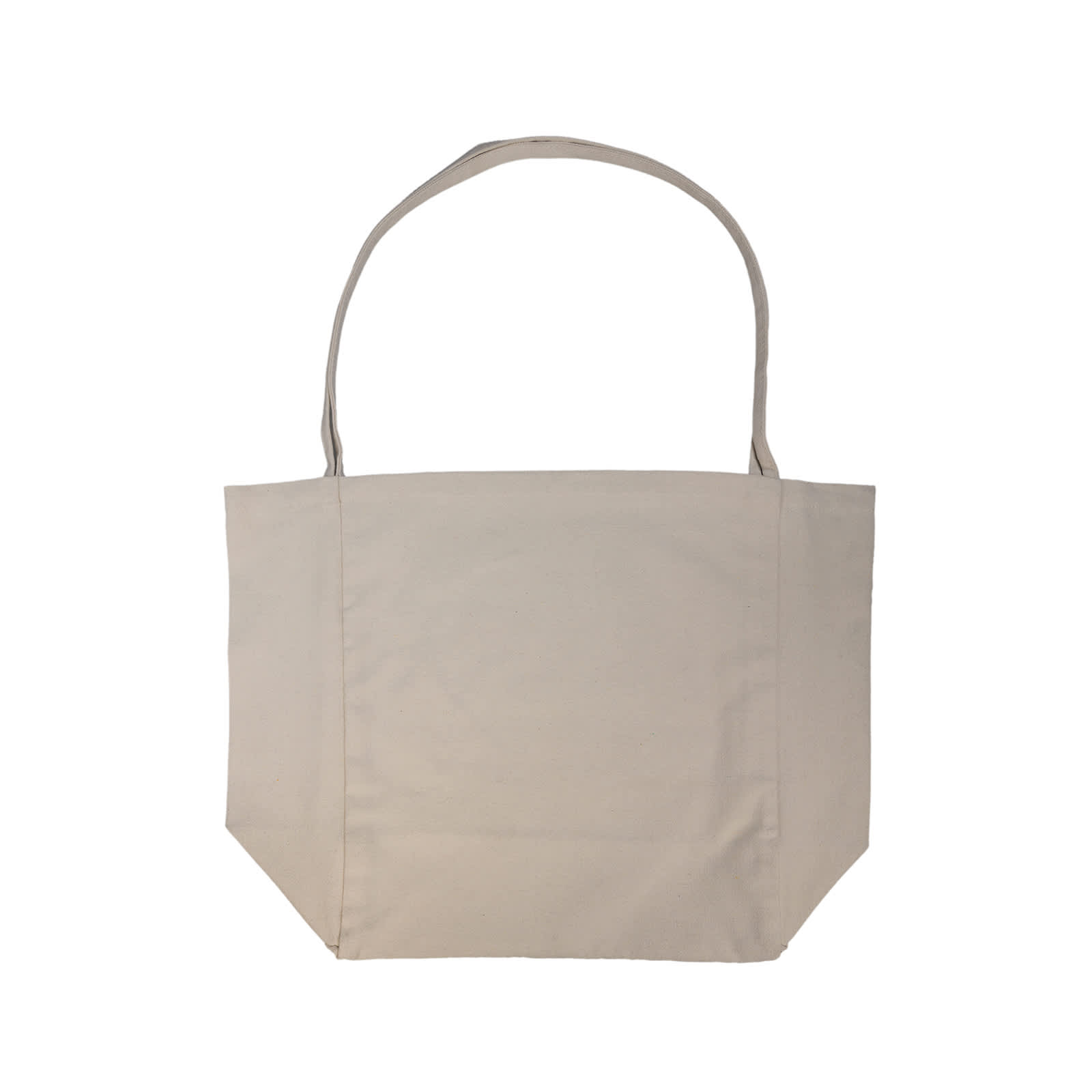 A tote bag in cream with a gradient green bottom and a shoulder strap, featuring a logo.