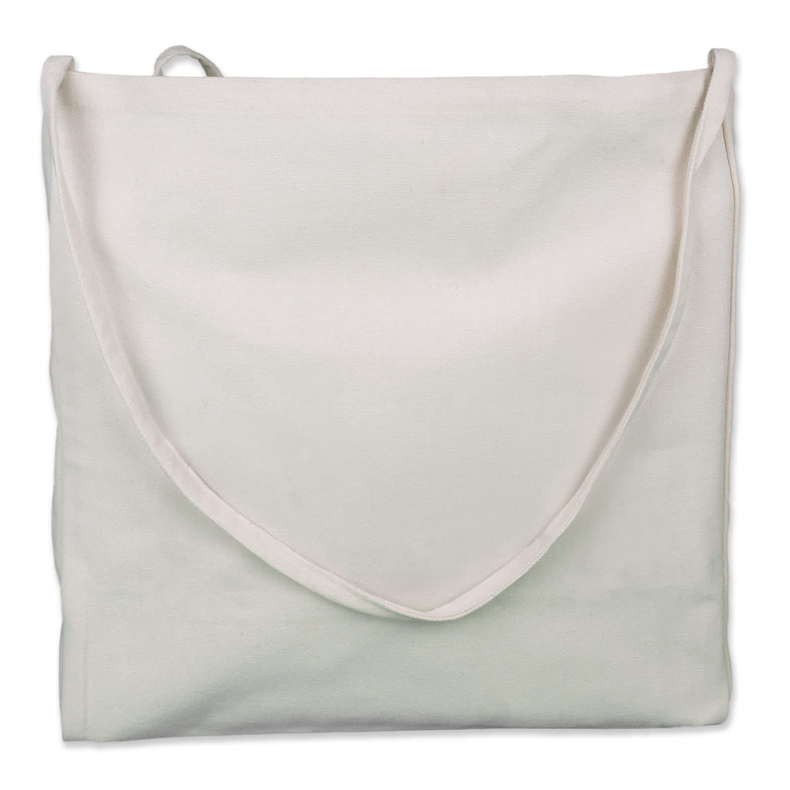 A cream-colored tote bag featuring a design of a character gardening with plants and a logo.