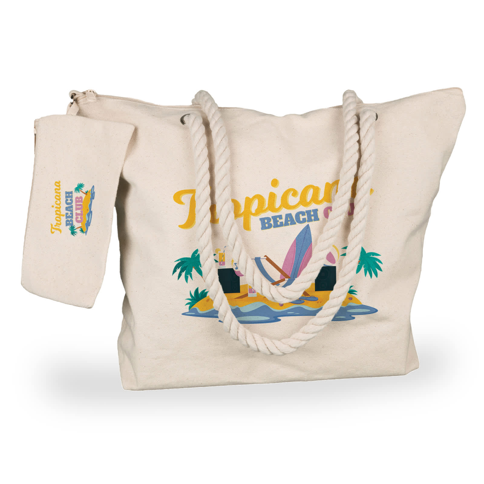 A cream canvas tote bag with rope handles, held by a person wearing denim jeans.