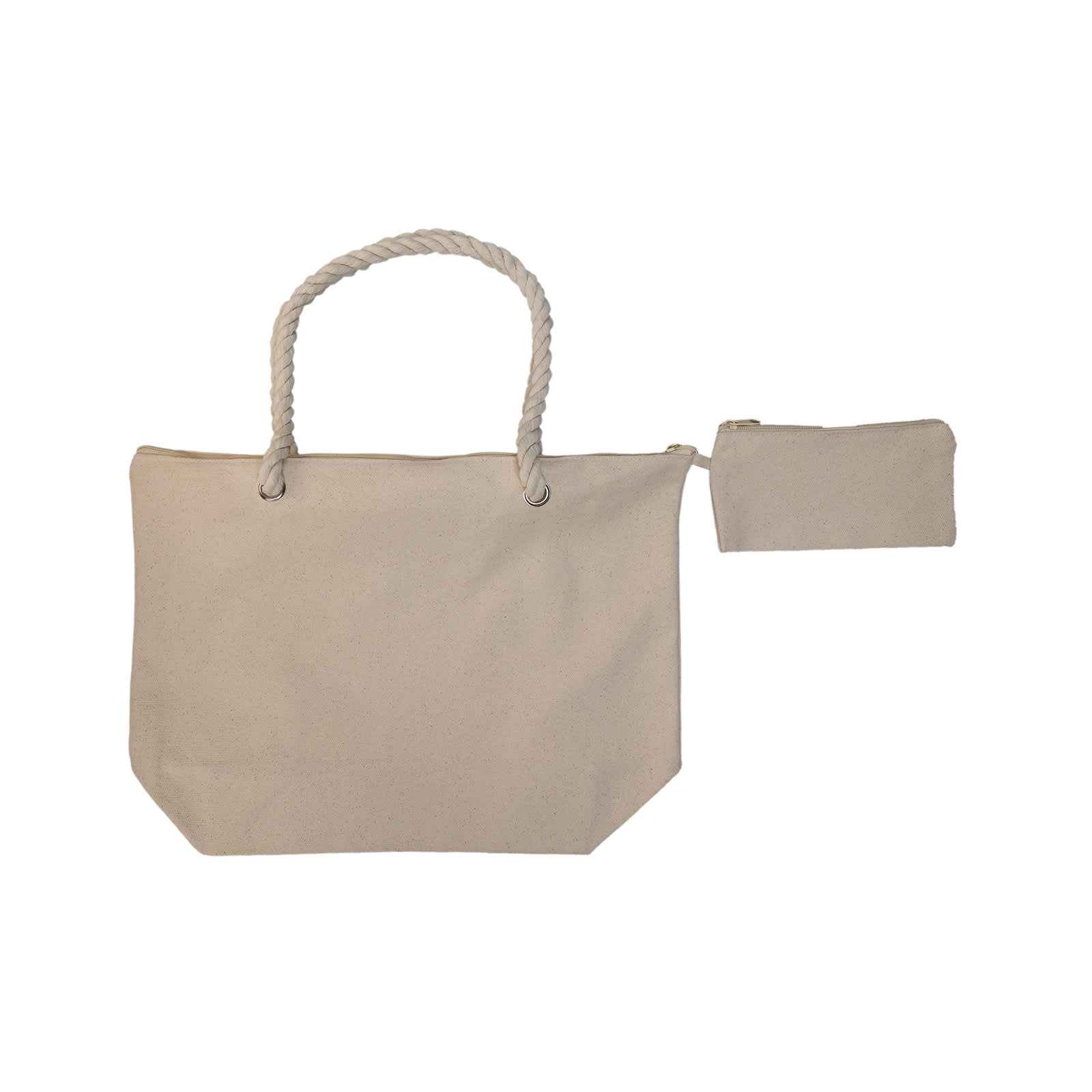 A natural canvas tote bag with rope handles and a tropical beach graphic, featuring a matching pouch.