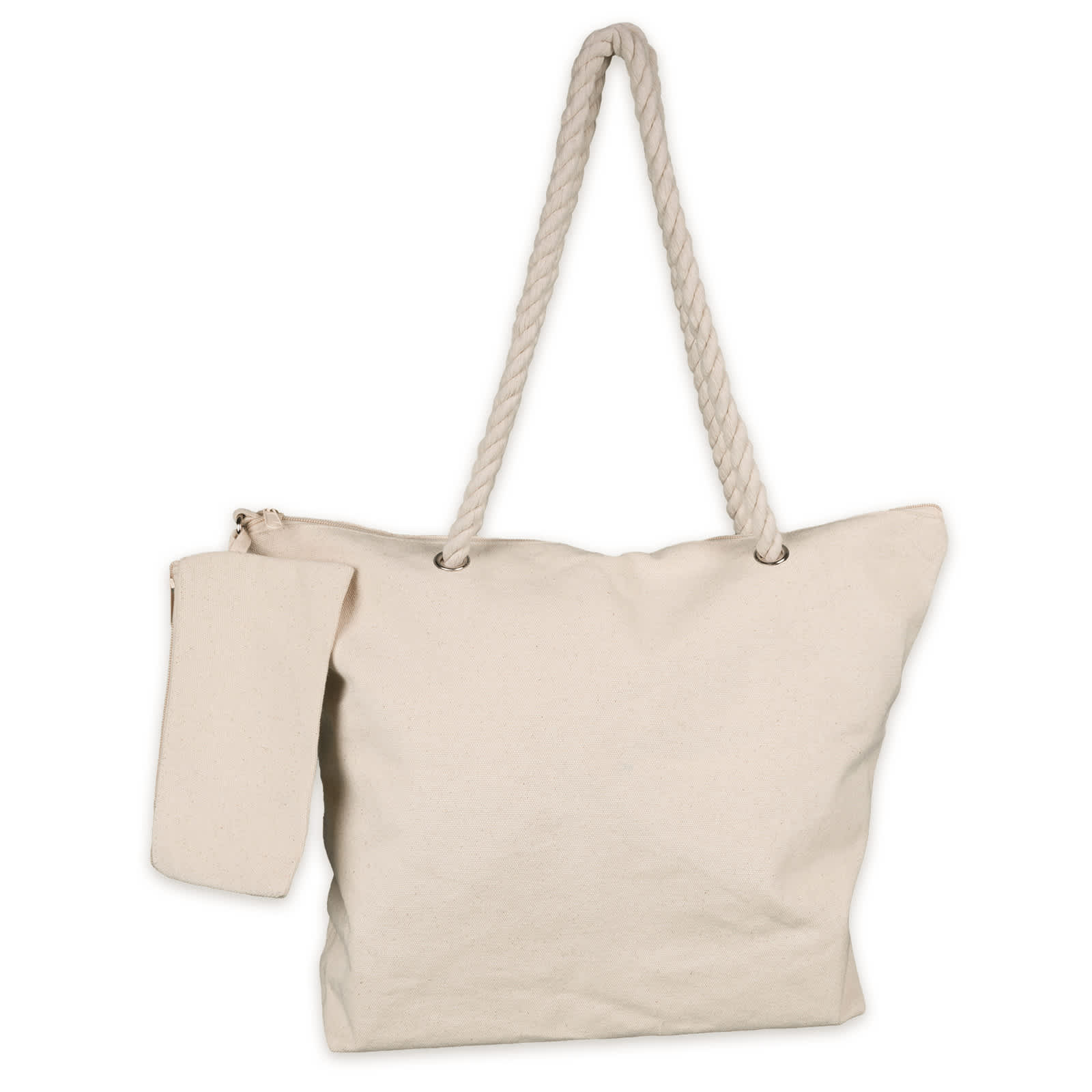 A hand holds a large, cream-coloured canvas tote bag with rope handles. The bag is plain and unbranded.