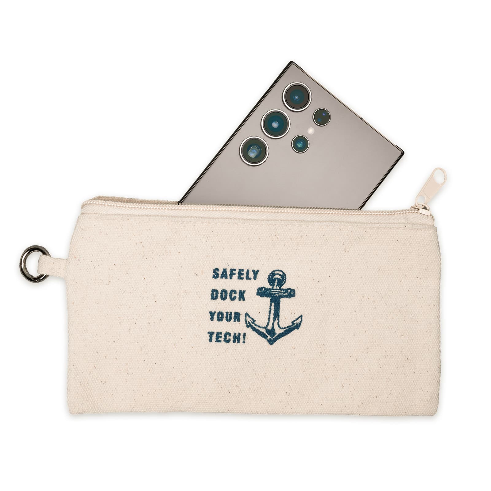 A canvas pouch with a zip closure, featuring the text 