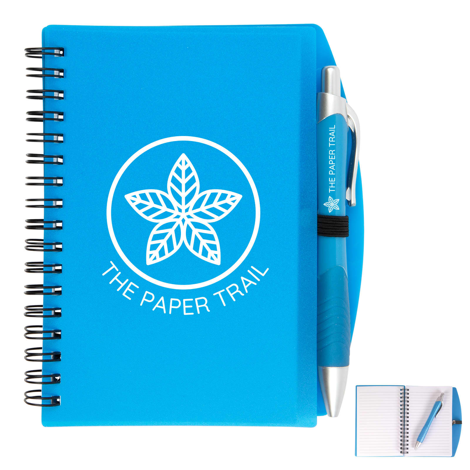 A blue spiral notebook with a pen attached, featuring a logo on the cover.