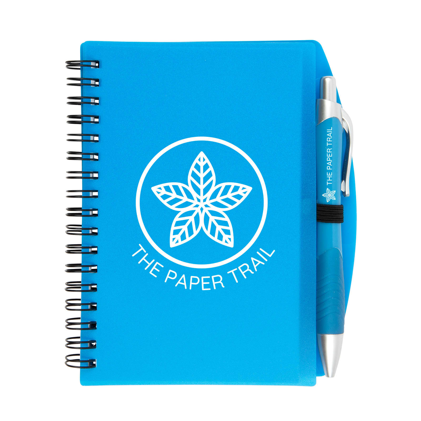 A blue spiral notebook with a pen attached, featuring a logo on the cover.