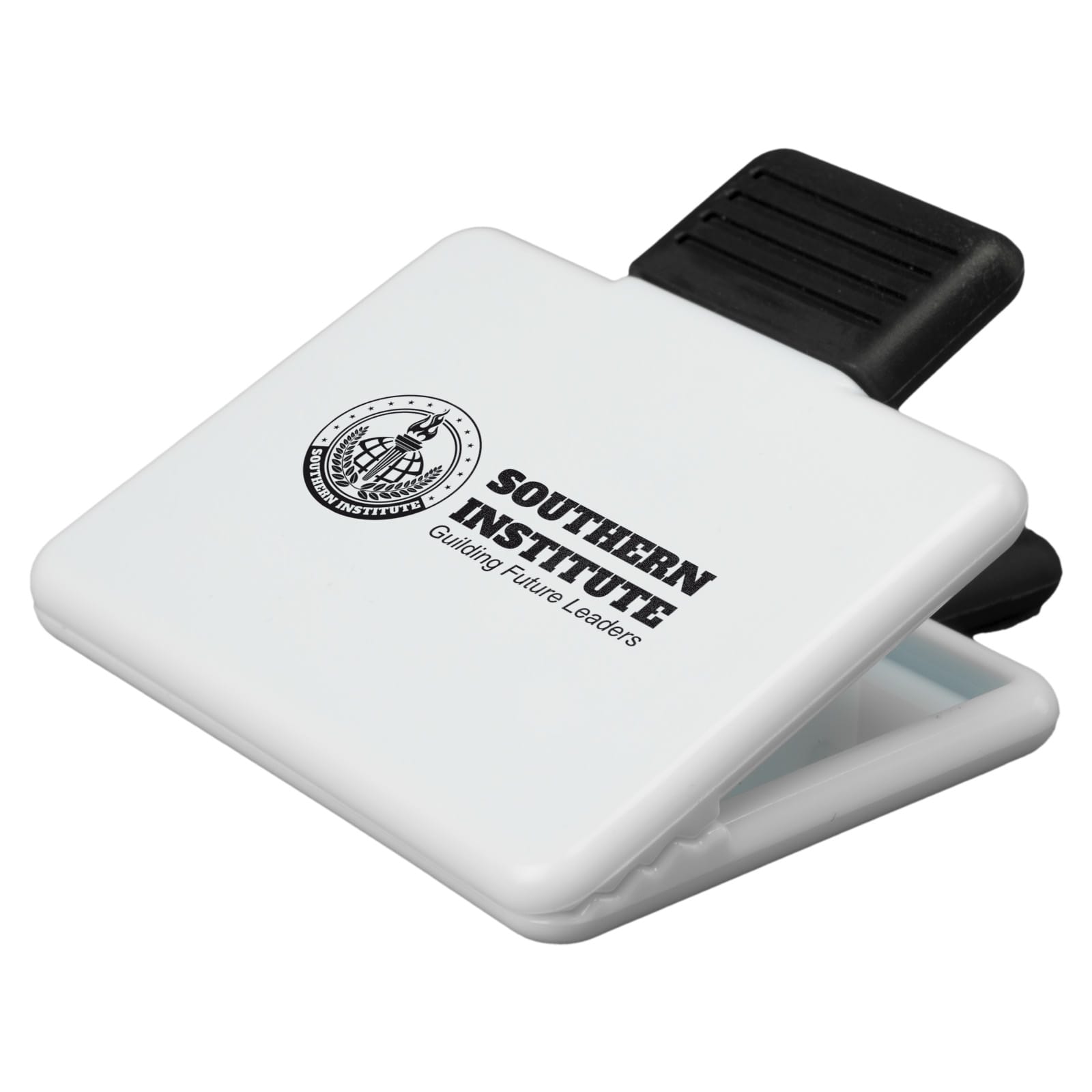 A white magnetic clip with a black clip and the logo of Southern Institute, featuring the text 