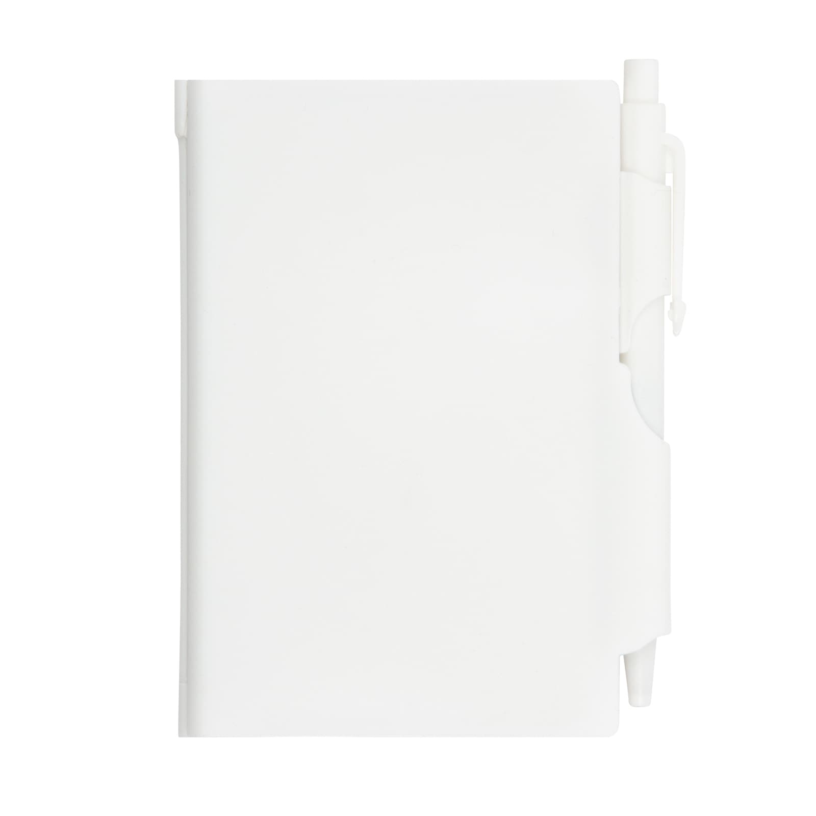 A white pocket notebook with a pen attached. The notebook features a cover and an integrated pen holder for convenience.