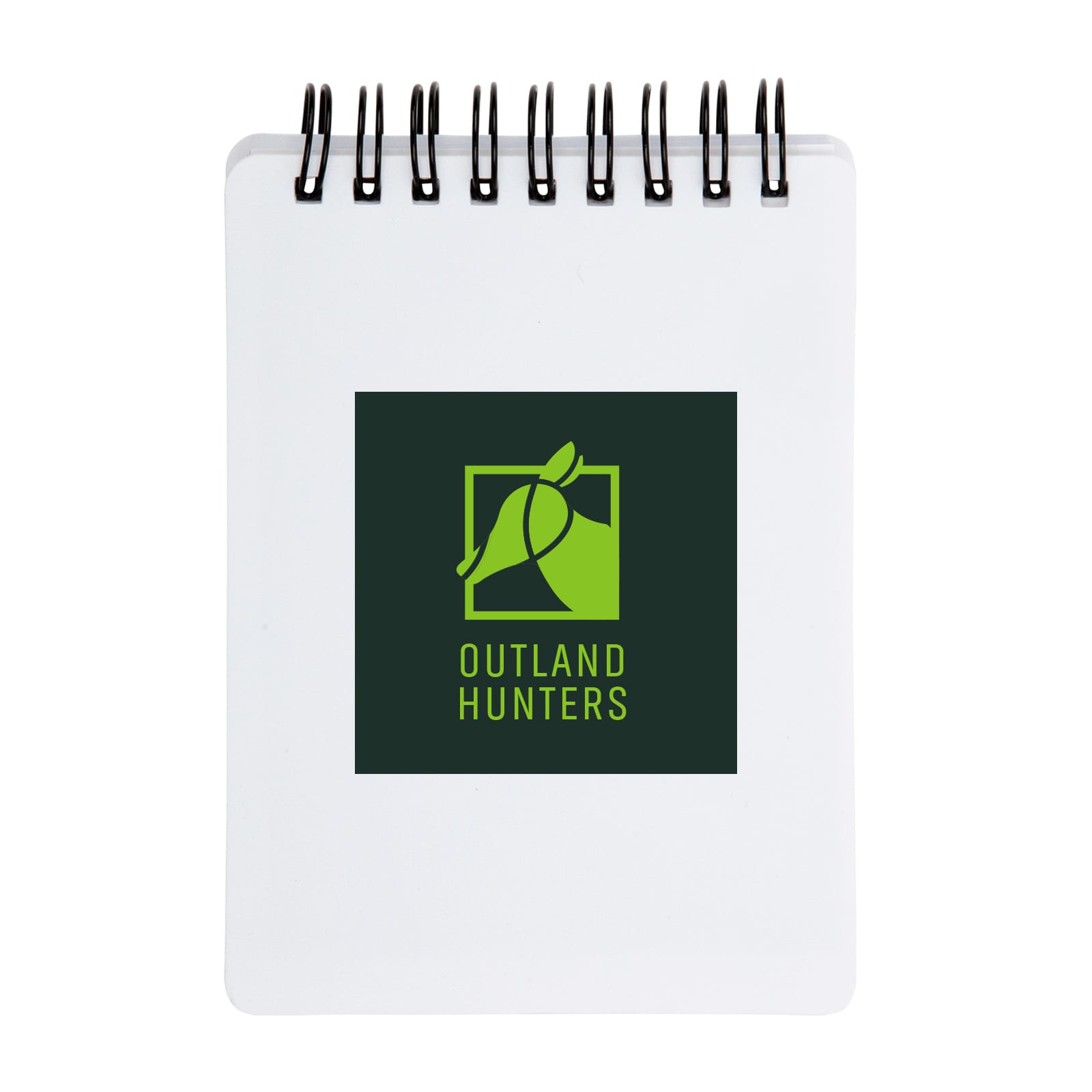 A spiral-bound pocket notebook with a white cover featuring the logo of 