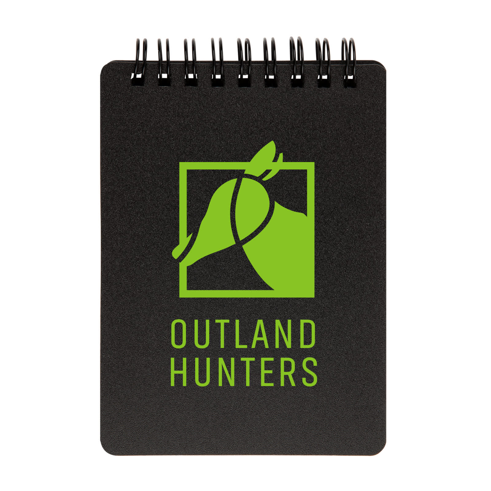 A spiral-bound pocket notebook featuring a black cover and a green logo with the text 