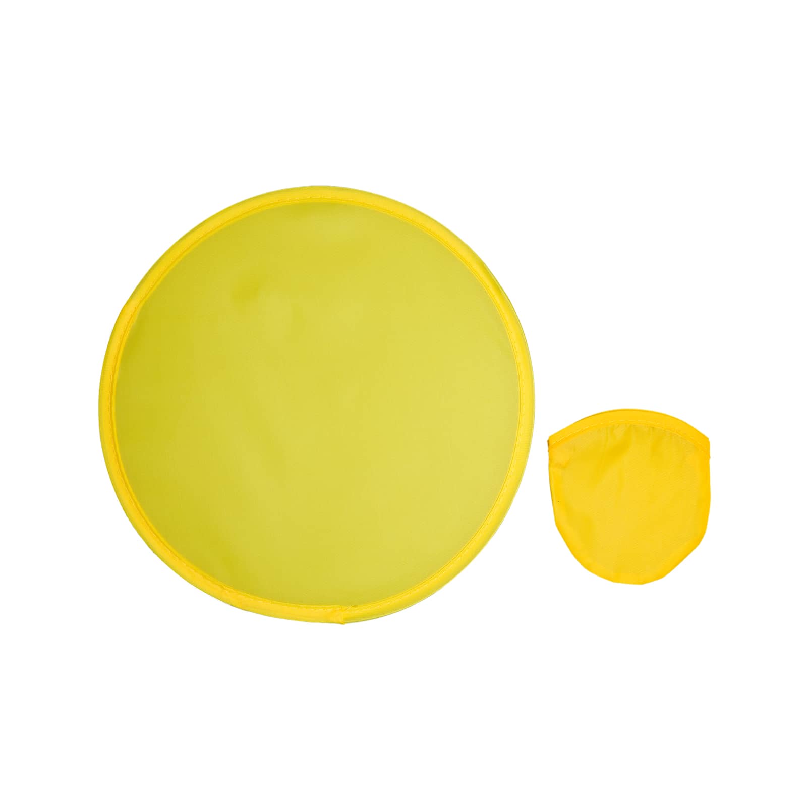 A round, yellow foldable disc with a mesh center, accompanied by a small matching pouch for storage.