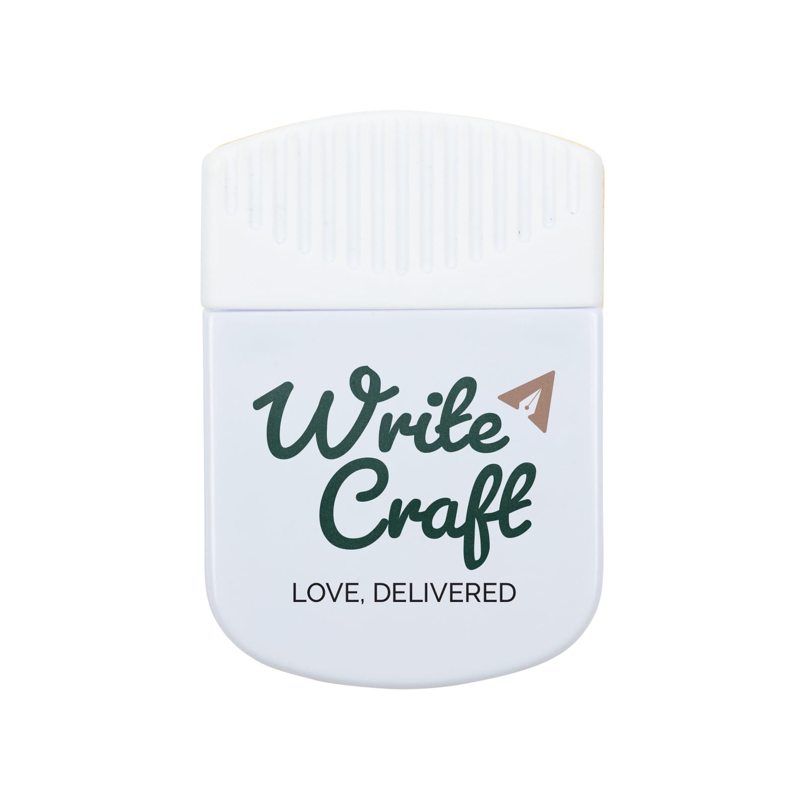 A white magnetic clip featuring a logo and text, designed for holding papers or notes securely.