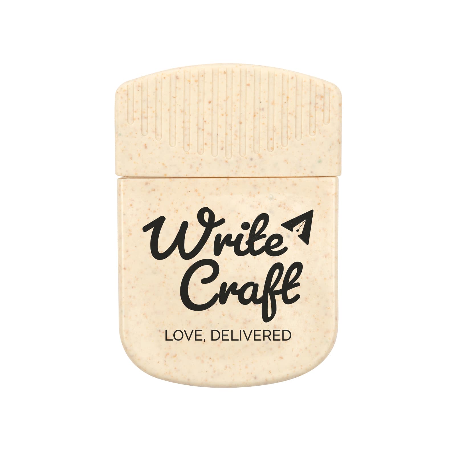A cream-coloured clip with a textured top, featuring a logo and text that reads 