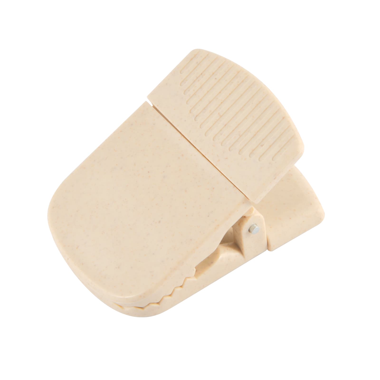 A beige magnetic clip with a textured grip, designed for holding notes or papers, featuring a branding logo.