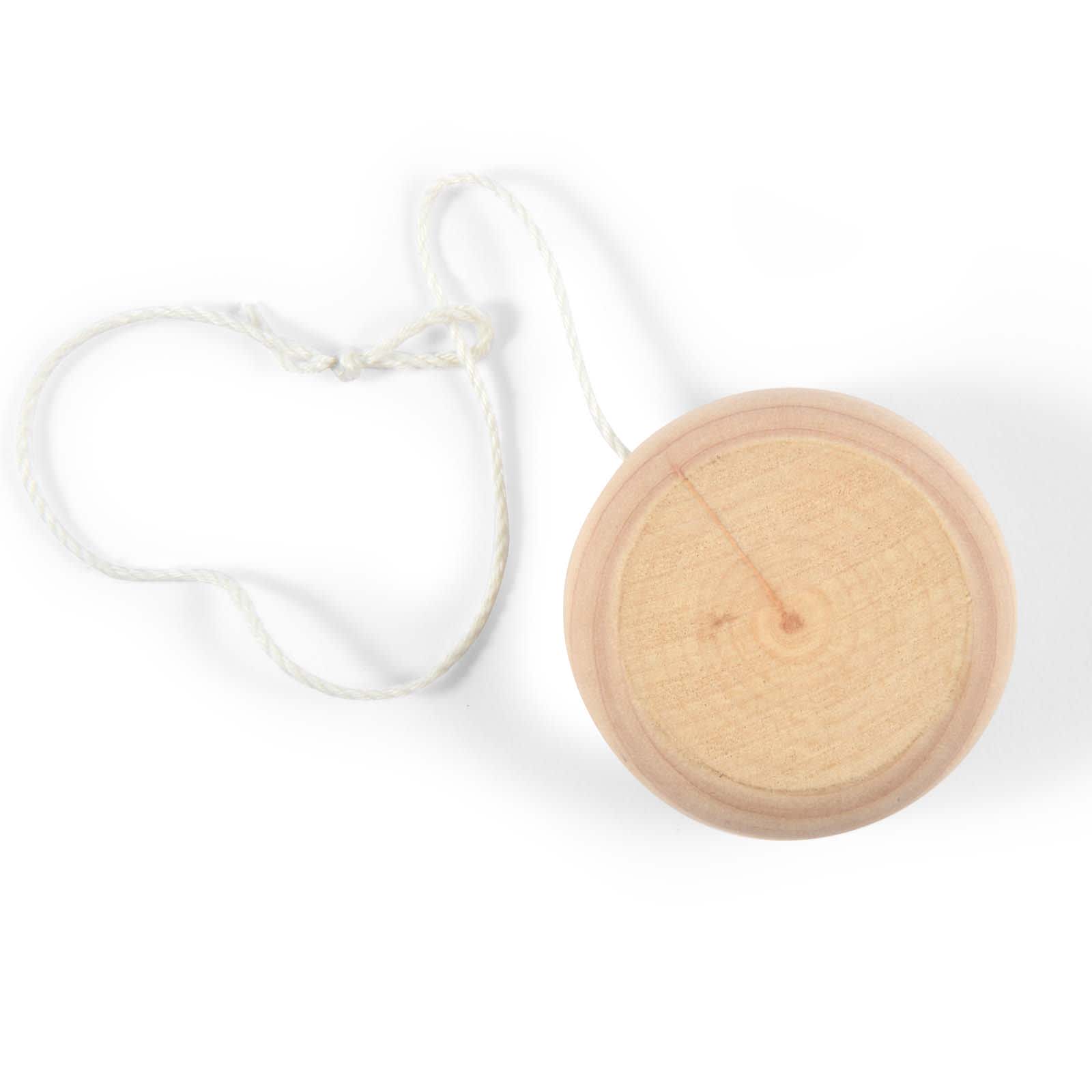 A wooden yo-yo with a smooth finish and a white string attached.