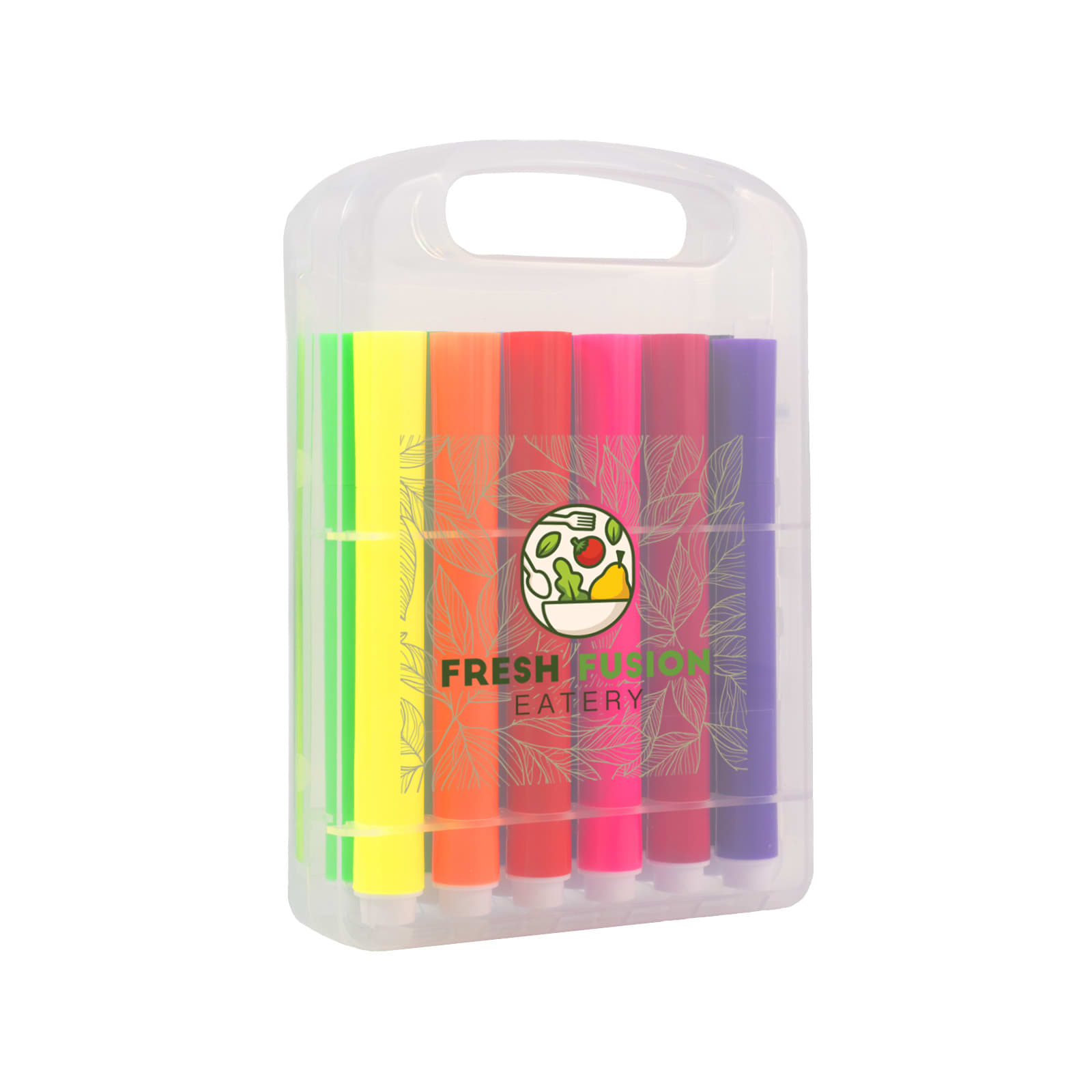 A pack of felt tip pens in bright green, yellow, orange, pink, and purple, housed in a clear case with a handle.