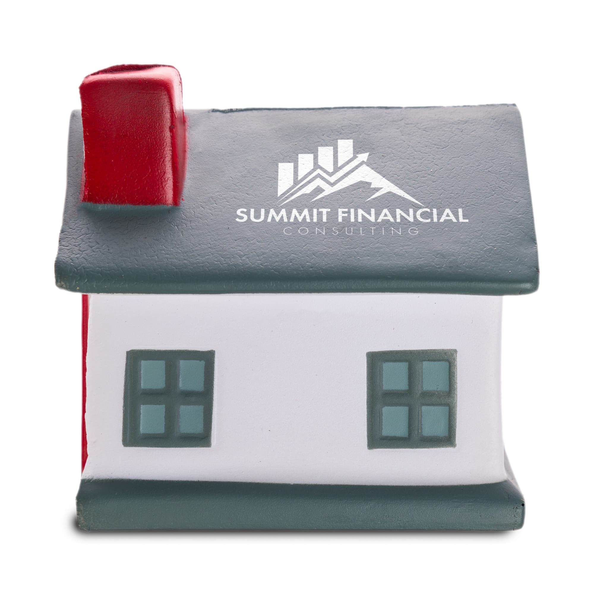 A house-shaped stress reliever in white with green windows and a red chimney, featuring a logo on the front.