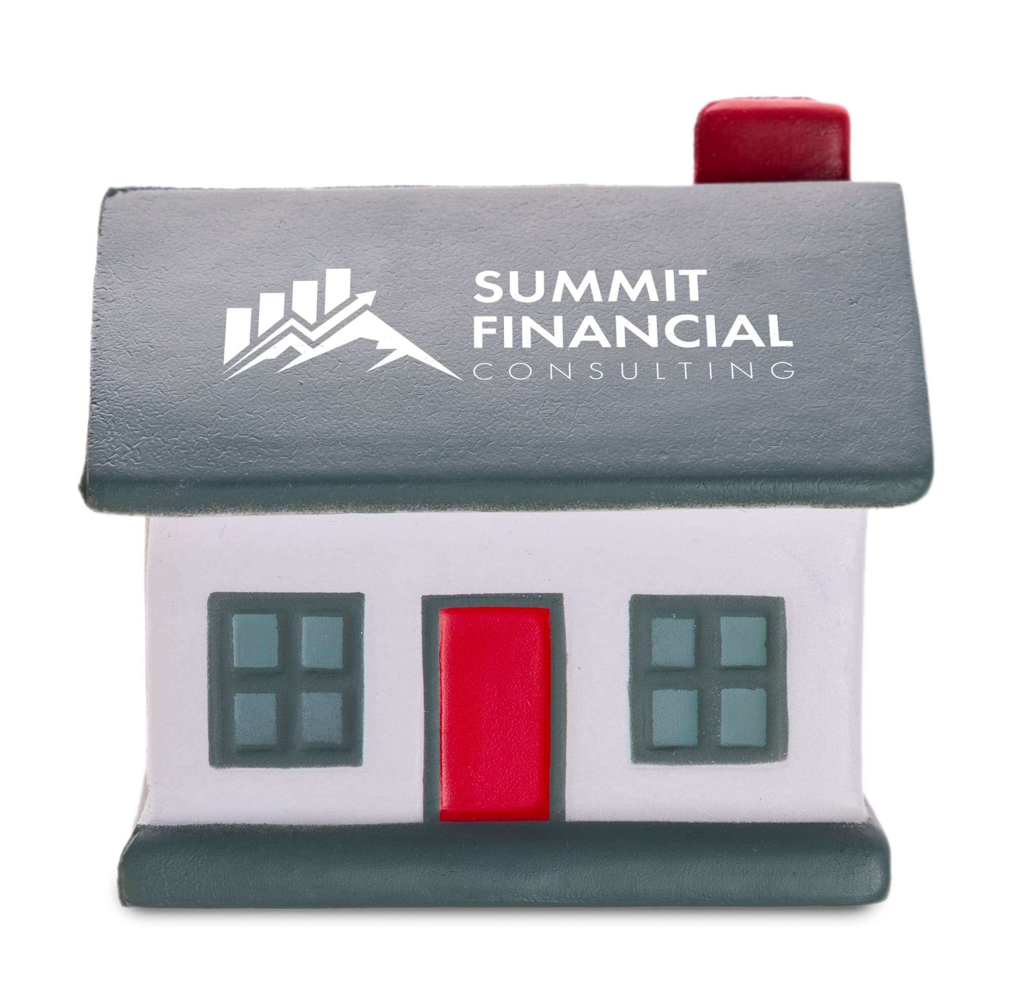 A house-shaped stress reliever featuring a gray roof, a red door, and the logo of Summit Financial Consulting.
