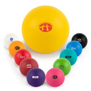 A yellow ball with a logo surrounded by smaller balls in various colors: red, blue, green, purple, and white.