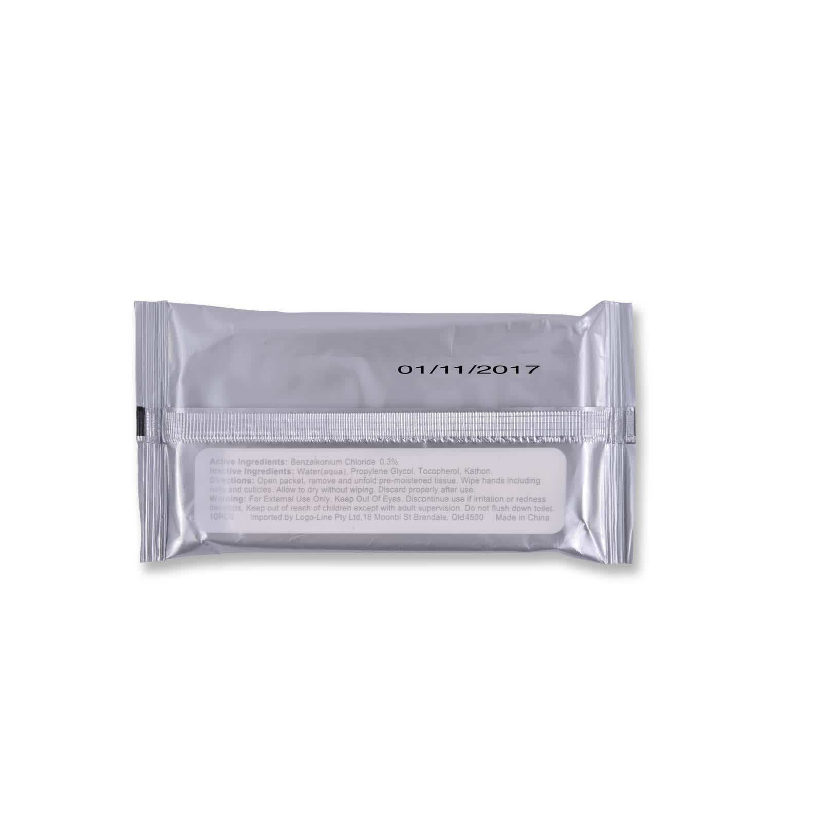 A silver packet of H2O Wet Wipes with a resealable closure, featuring a logo on the front.