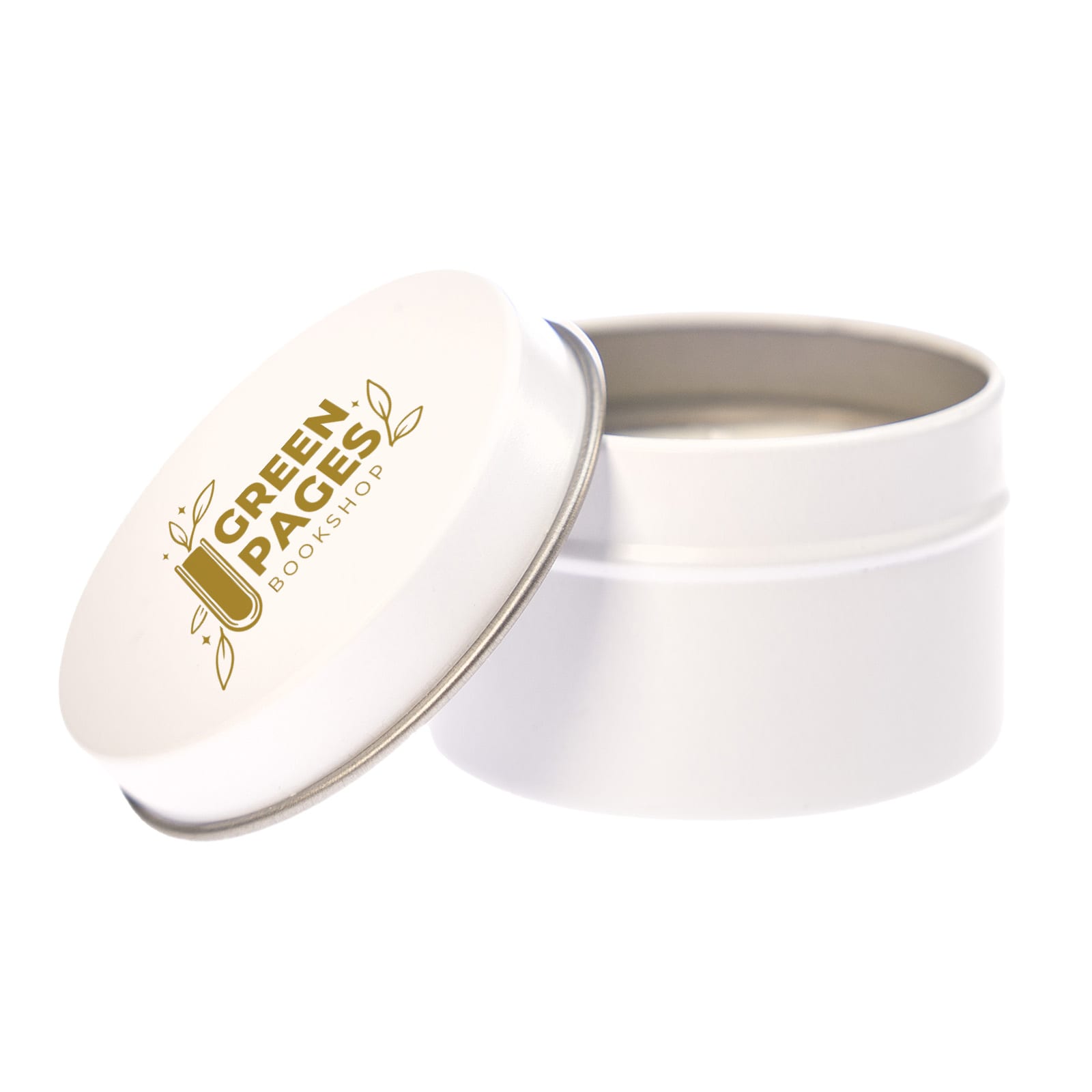A petite candle in a white tin with a silver lid, featuring a logo that reads 