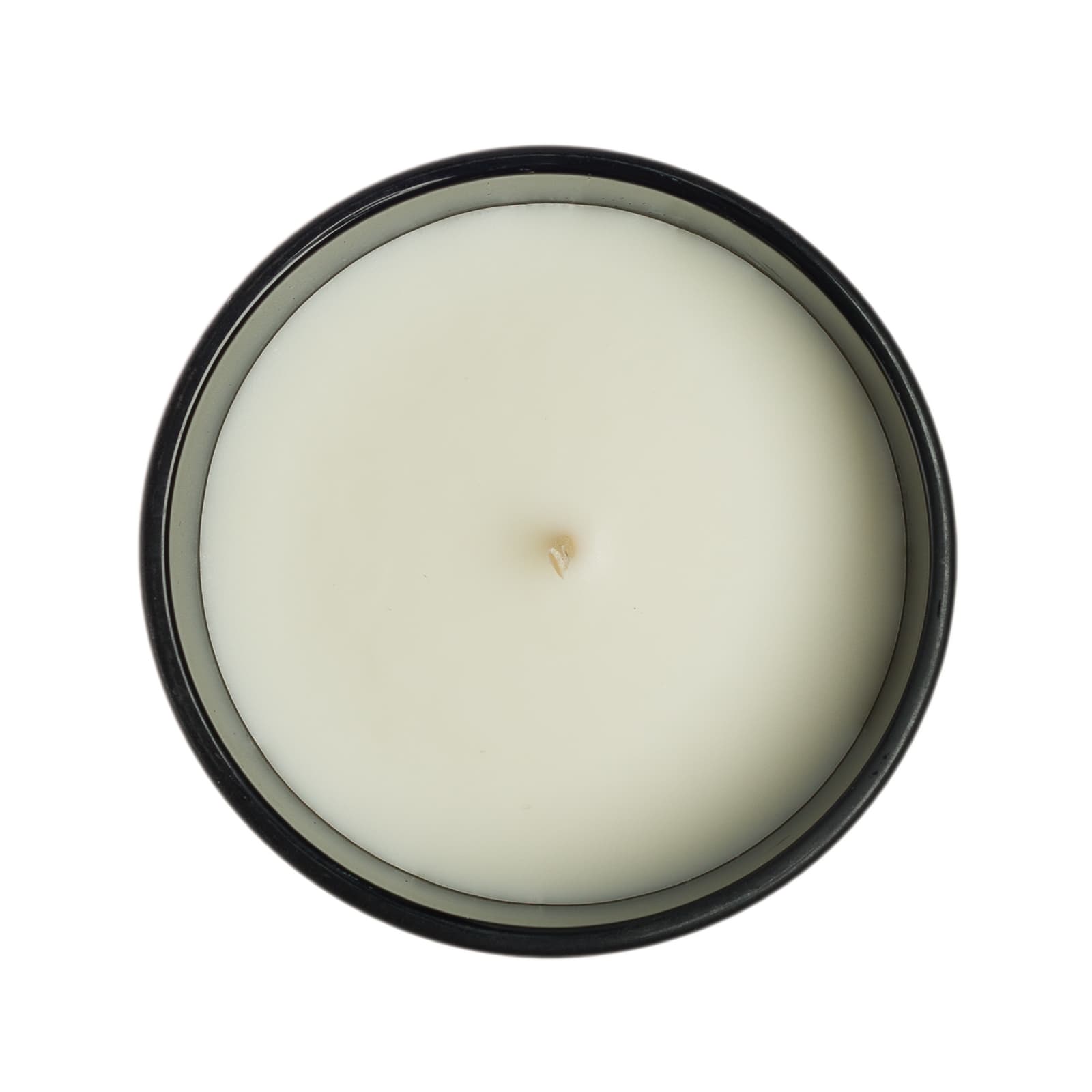 A medium glass candle with a wooden lid, featuring a logo, placed inside a white container.