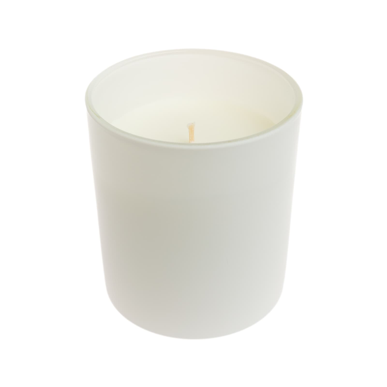 A medium-sized white glass candle with a wooden lid, featuring a sleek and modern design.