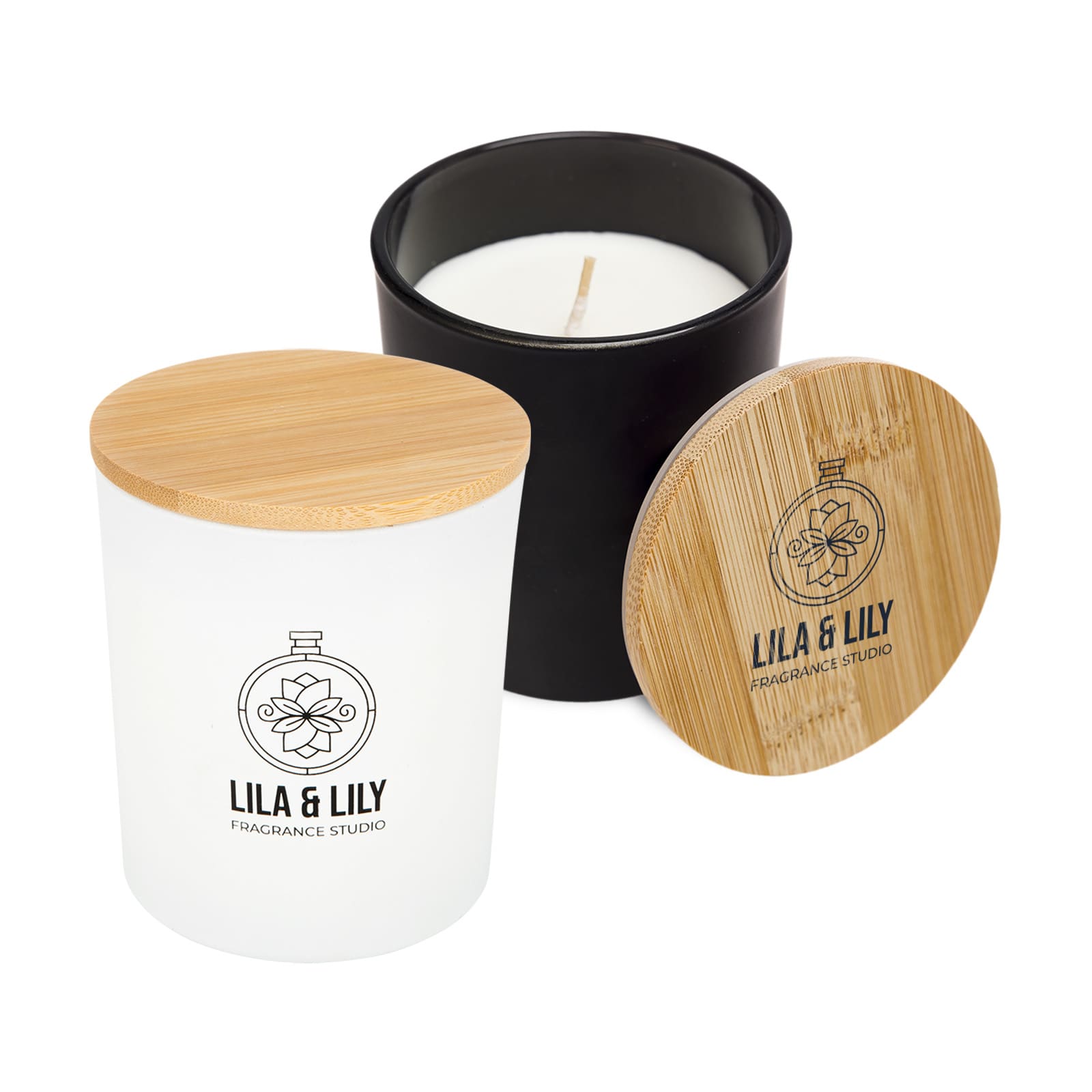 A large glass candle in black with a wooden lid, featuring an engraved logo design. The candle itself is white.