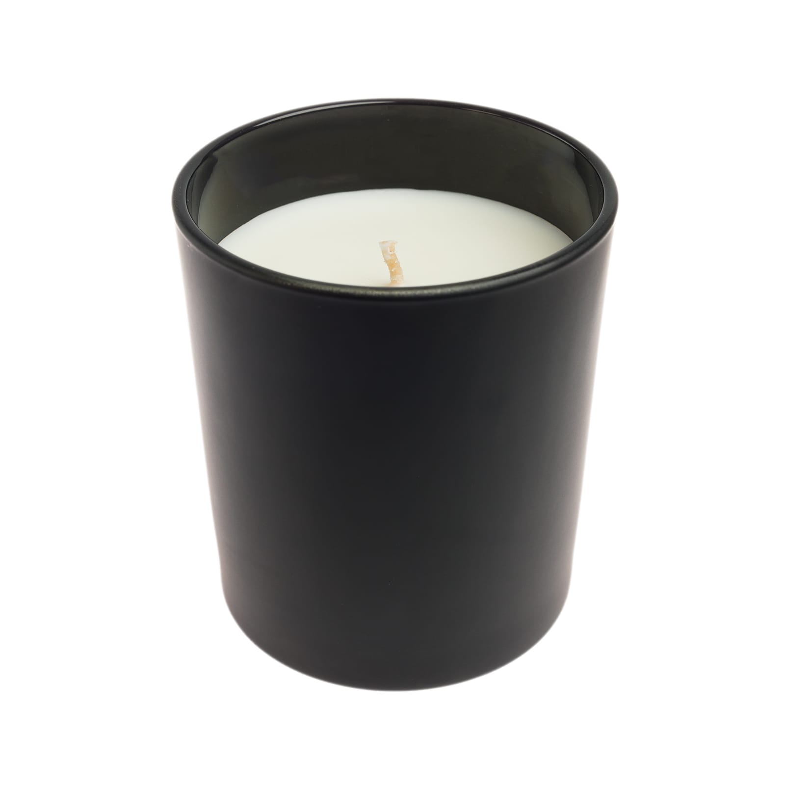 A large white glass candle with a frosted finish and a warning label on the base, featuring natural soy wax.