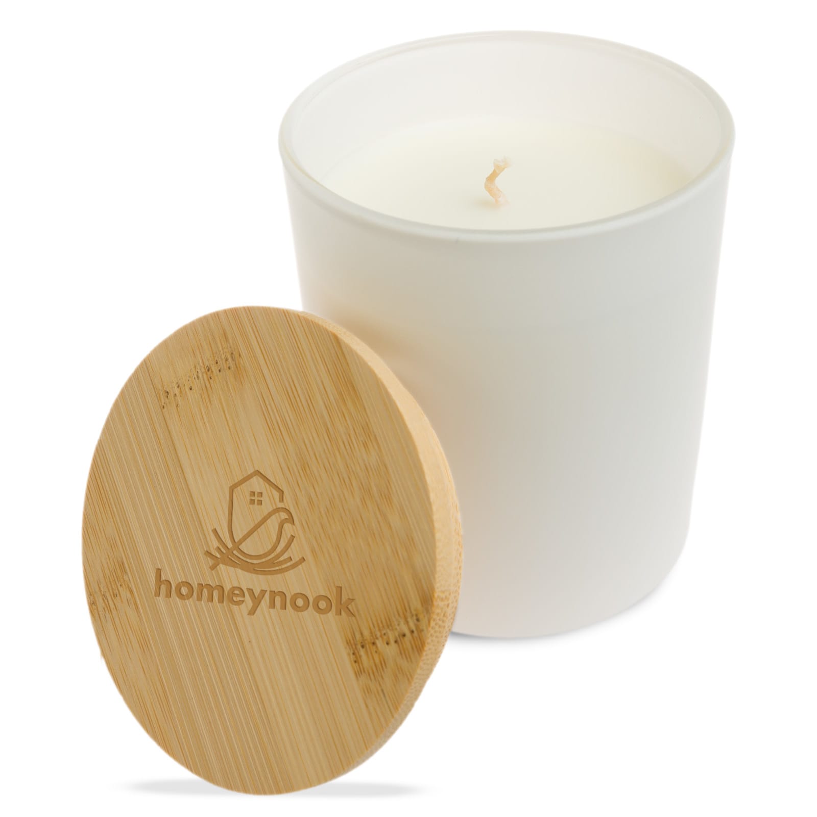 A large white glass candle with a wooden lid, featuring a logo and an embossed design on the lid.