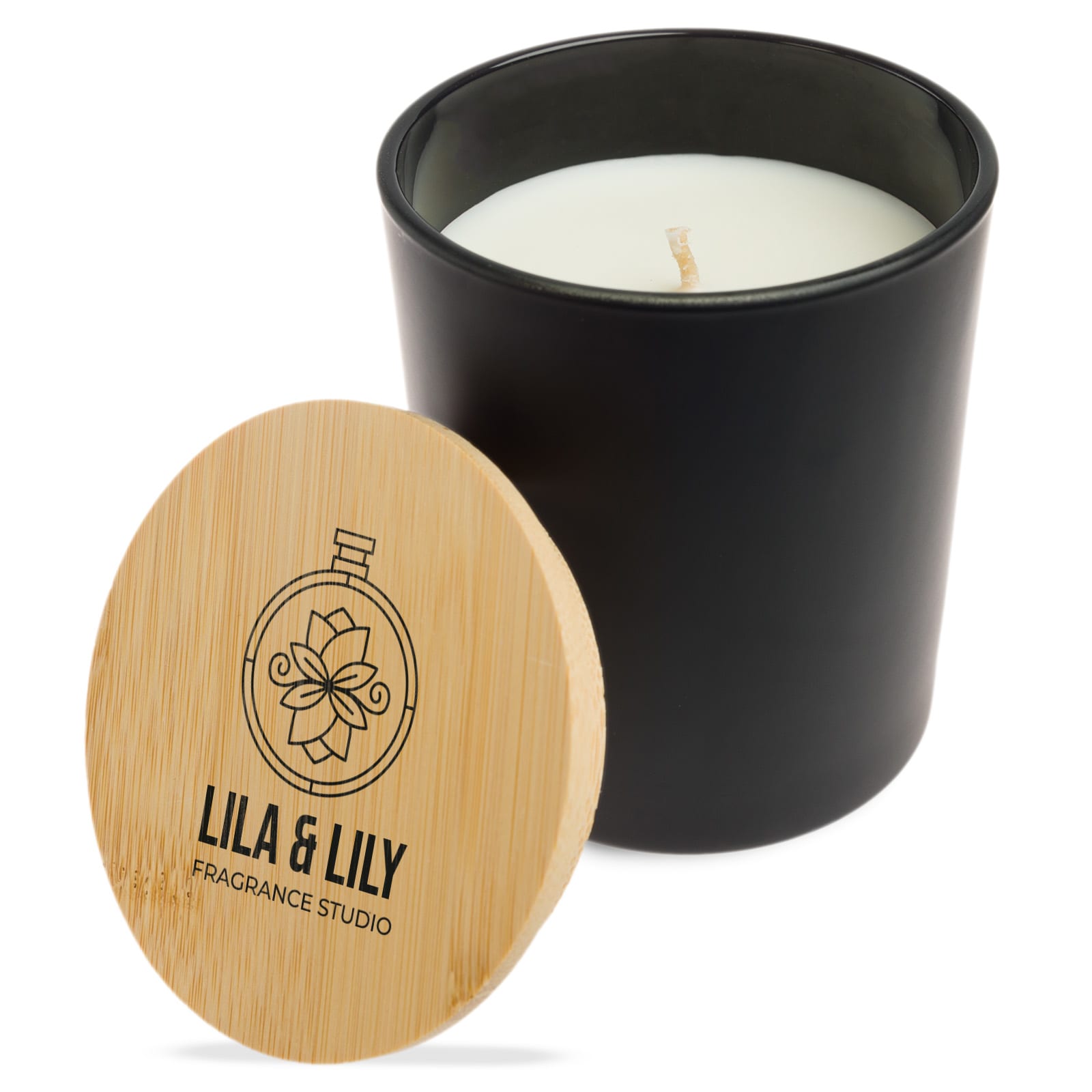 A large white glass candle with a wooden lid featuring a logo and a simple leaf design.