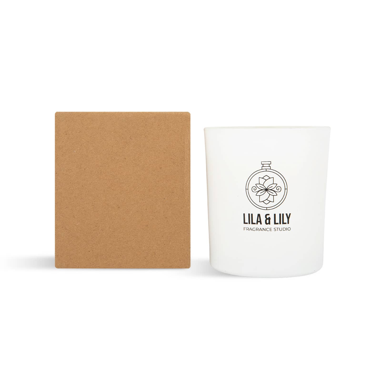 A large brown box with a circular label featuring a floral design and branding for 