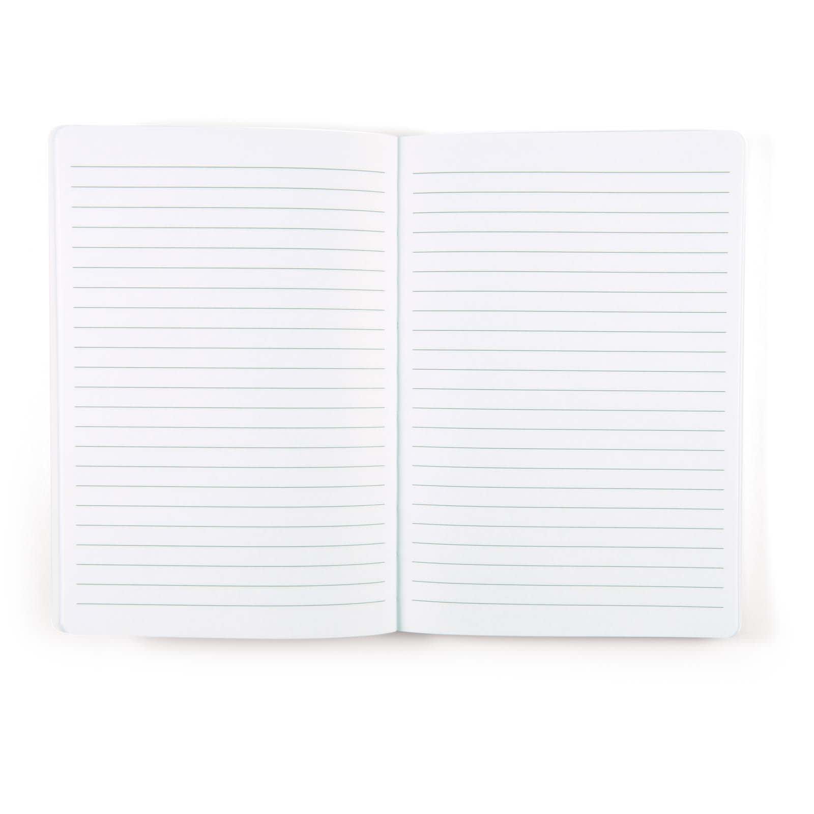 A bamboo notebook with blank, lined pages. The notebook is open, displaying two pages of horizontal lines for writing.