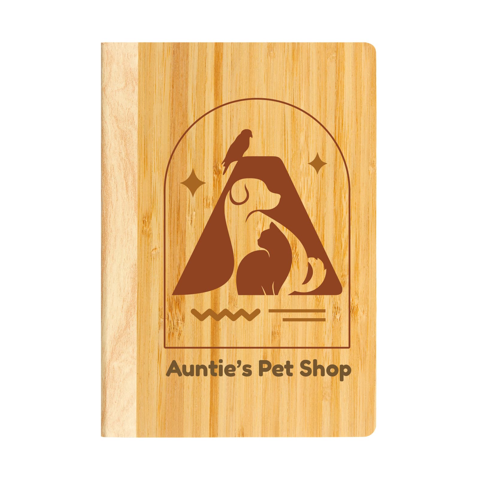 A bamboo notebook featuring a pet-themed design and a logo, showcasing a warm, natural wood color.
