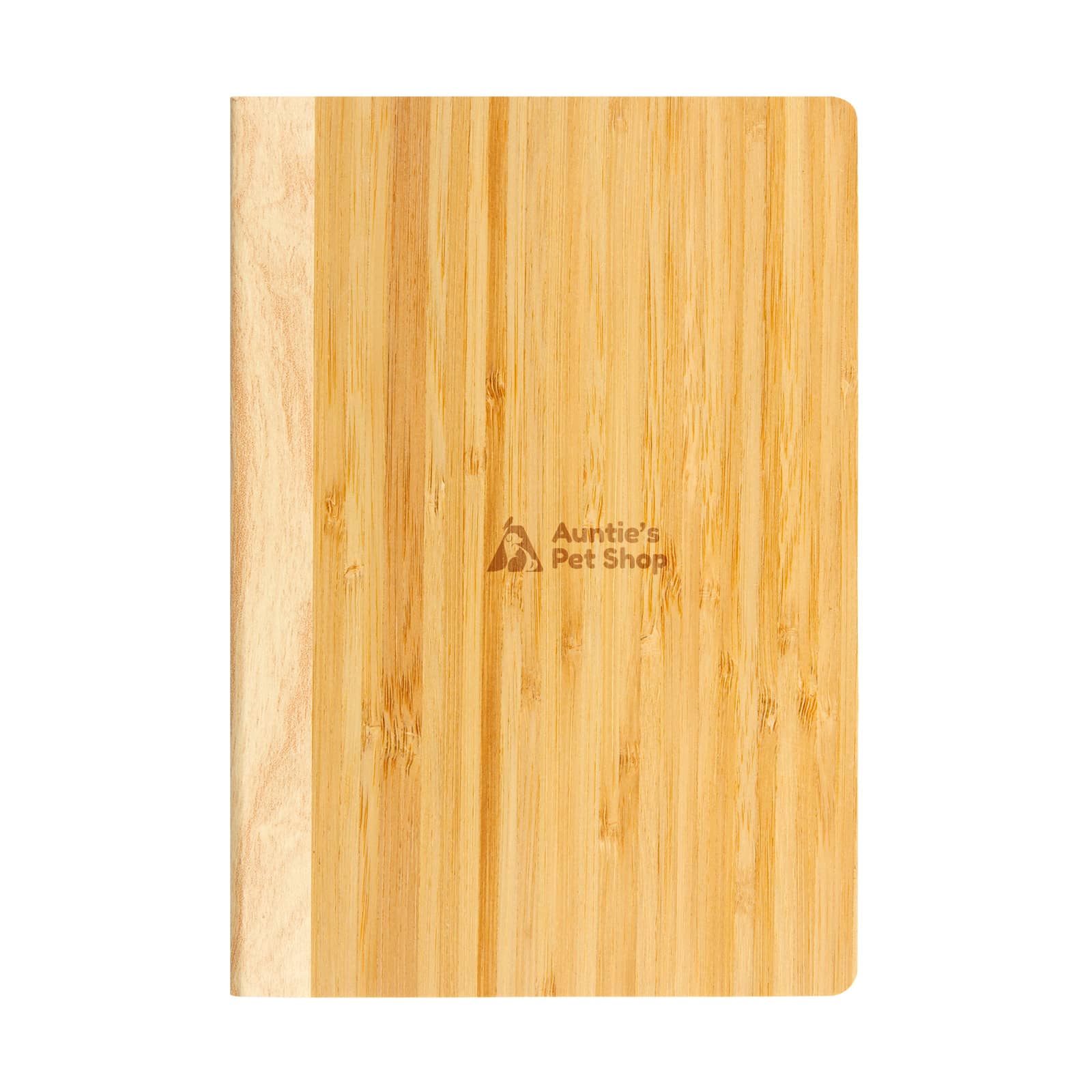 A Bamboo Notebook with a natural wood finish, featuring a logo that reads 