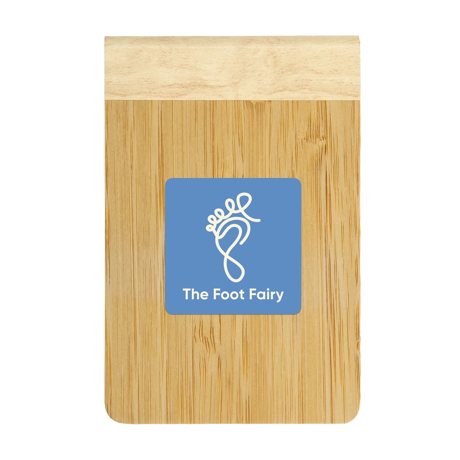 A bamboo notebook featuring a wooden cover and a blue logo for 