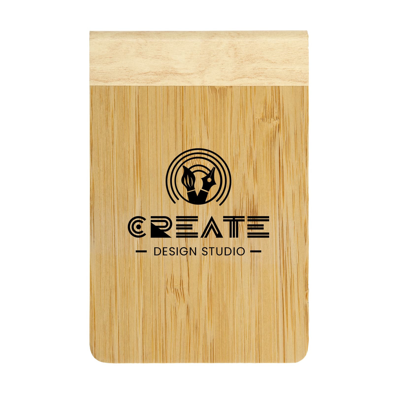 A bamboo notebook featuring a natural wood finish and a printed logo that reads 