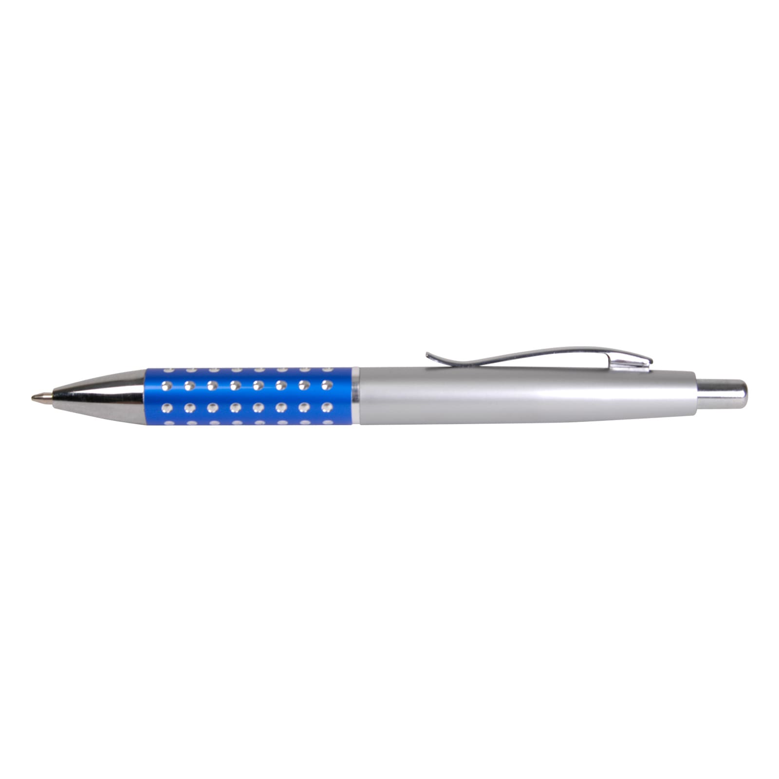 A metal pen with a silver body and blue grip, adorned with decorative rhinestones.
