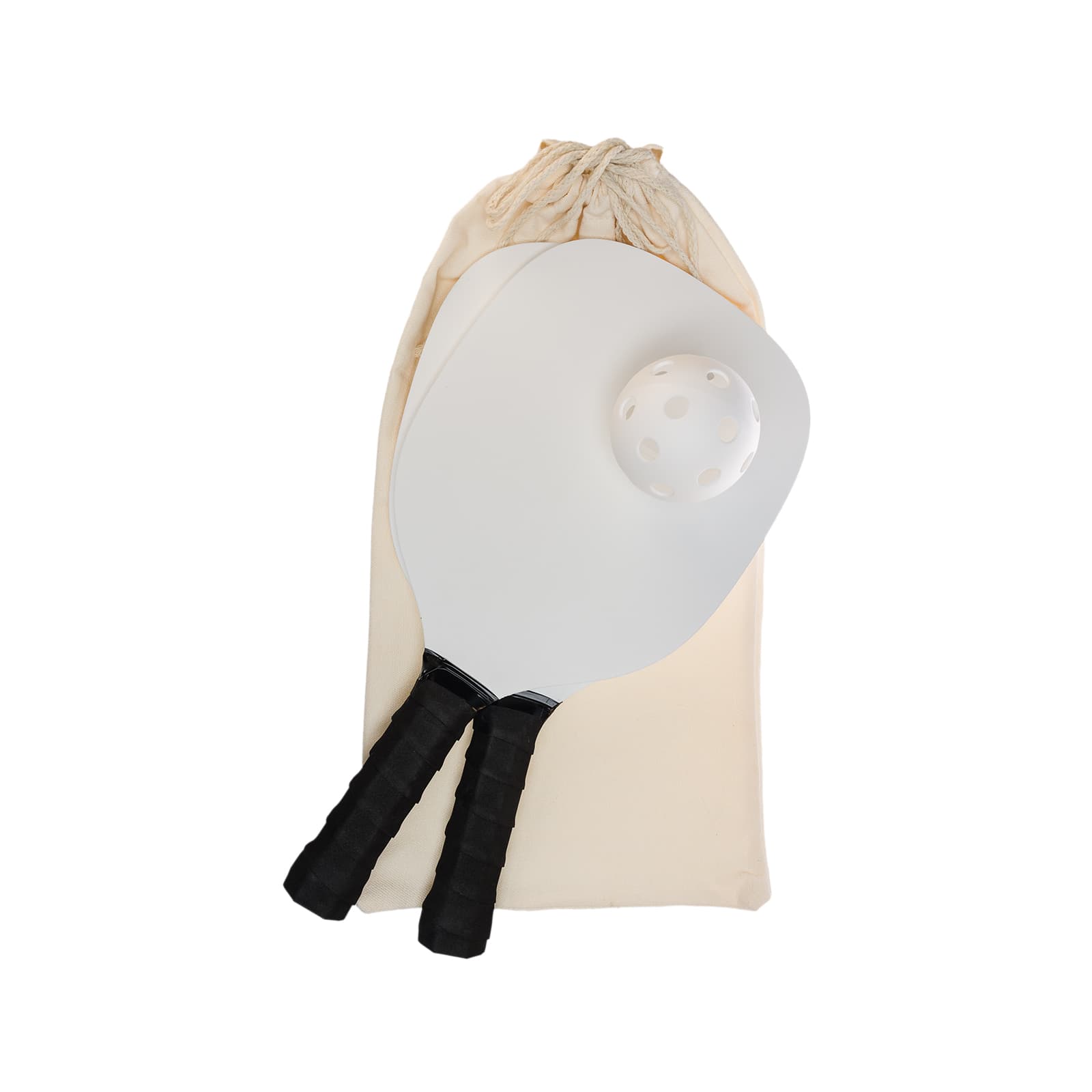 A pickleball set featuring two paddles and a plastic ball, all packaged in a soft drawstring bag.