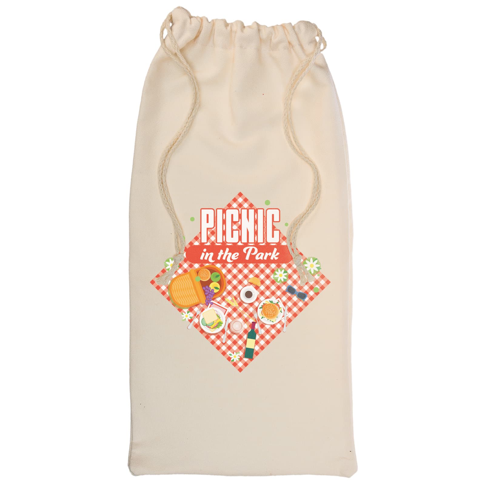 A cream-colored drawstring bag featuring a picnic-themed design with a checkered pattern and various food items.