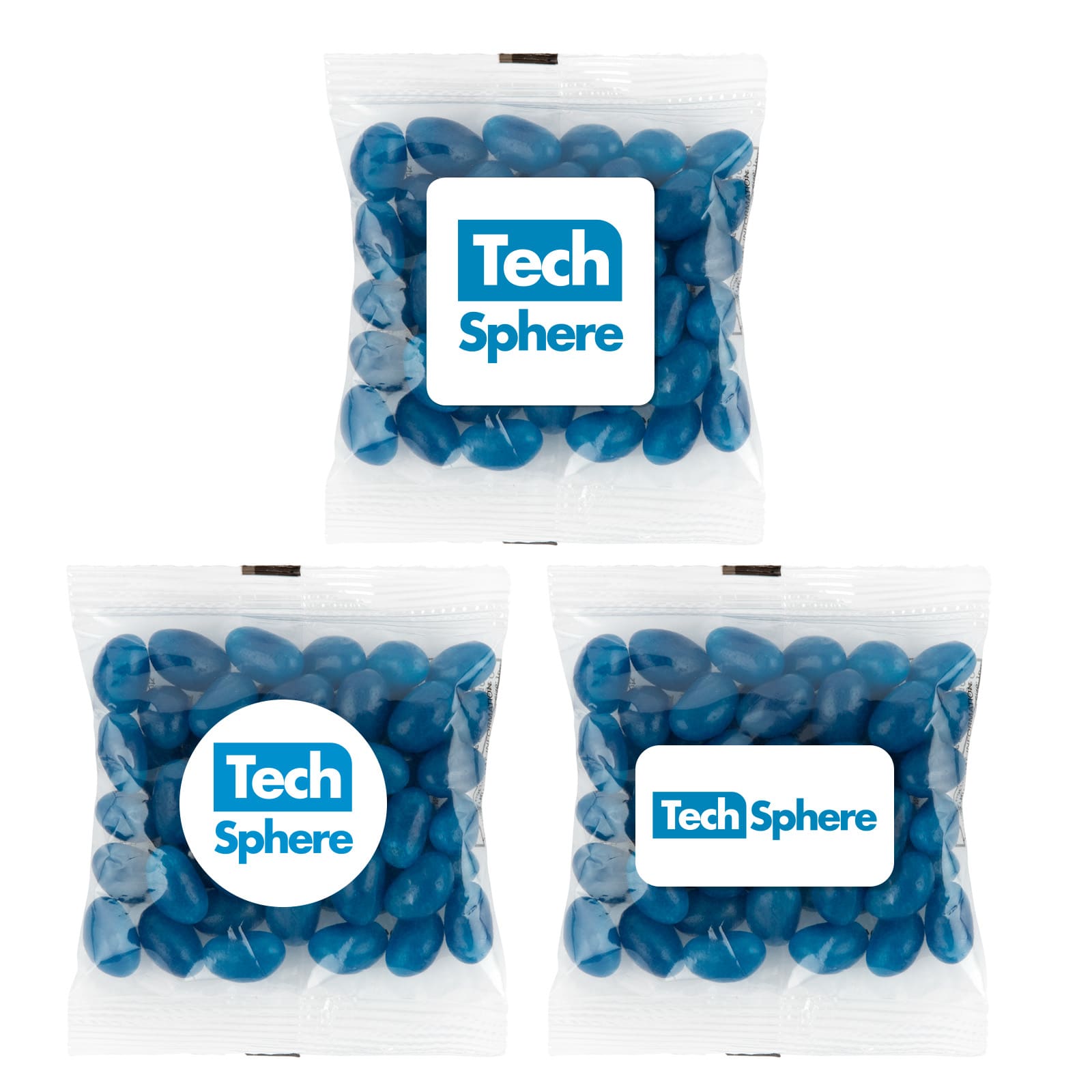 A clear bag containing blue mini jelly beans with a logo on the front. Three bags displayed together.